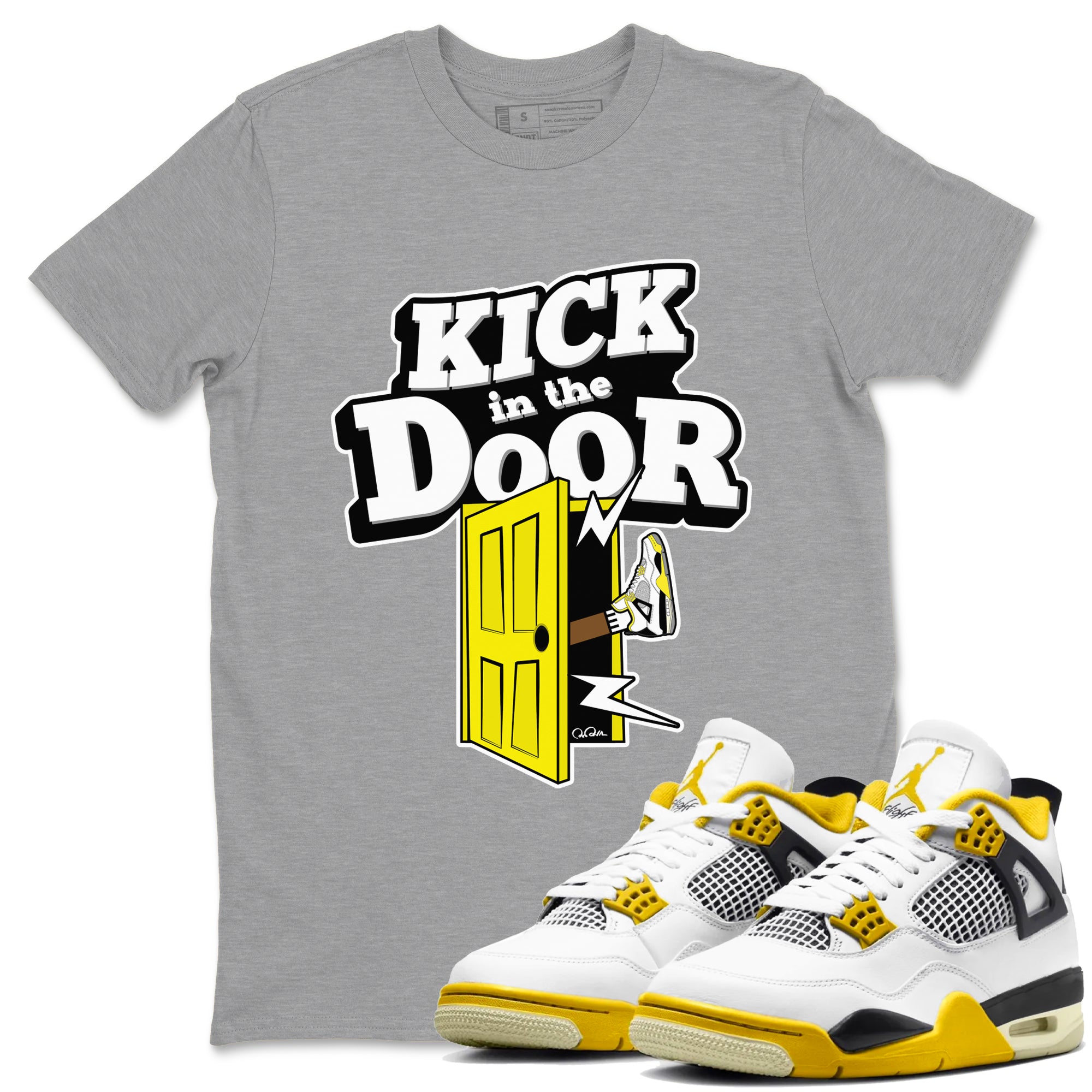 AJ4 Vivid Sulfur shirt to match jordans Kick In The Door sneaker tees Air Jordan 4 Vivid Sulfur Drip Gear Zone unisex cotton Heather Grey 1 crew neck shirt