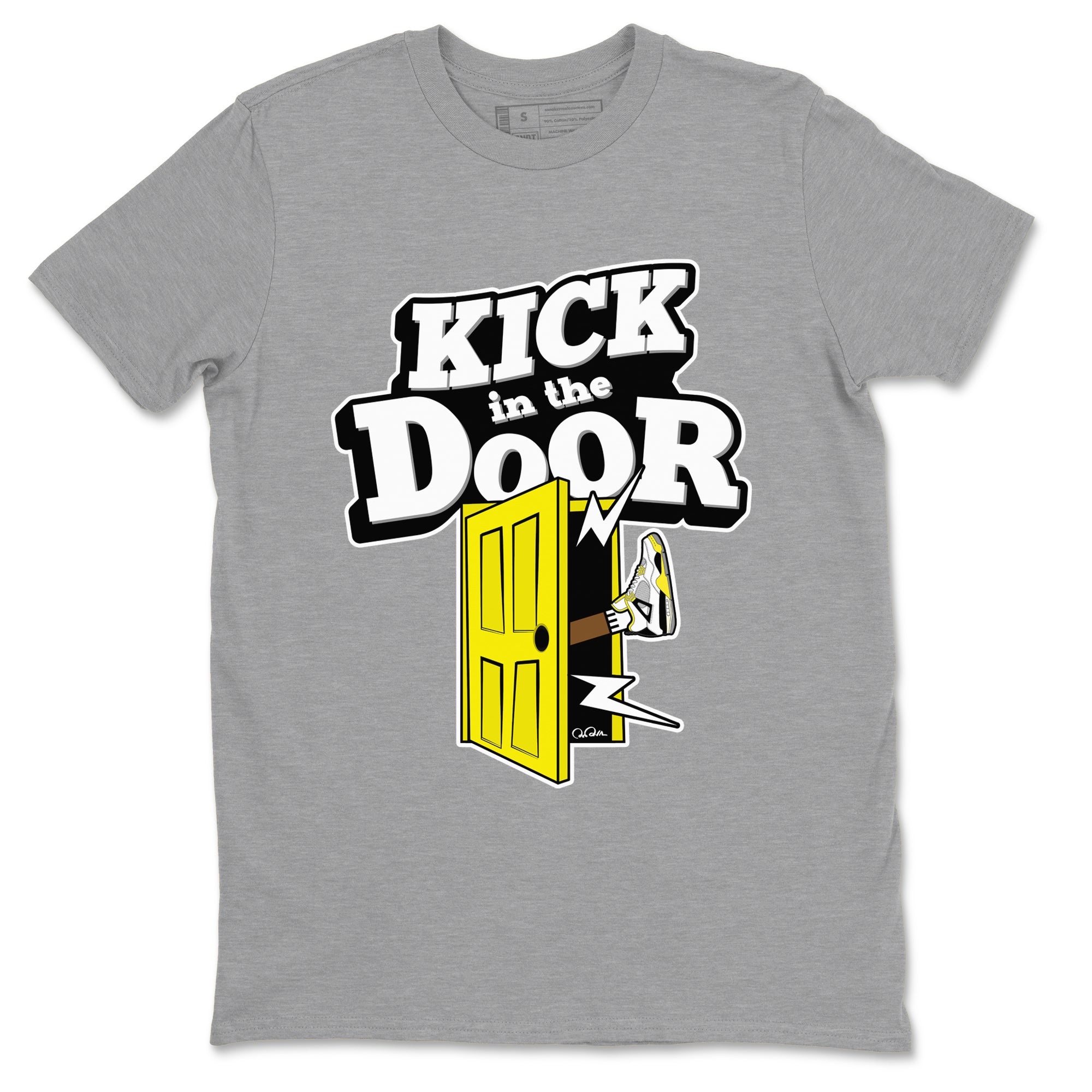 AJ4 Vivid Sulfur shirt to match jordans Kick In The Door sneaker tees Air Jordan 4 Vivid Sulfur Drip Gear Zone unisex cotton Heather Grey 2 crew neck shirt
