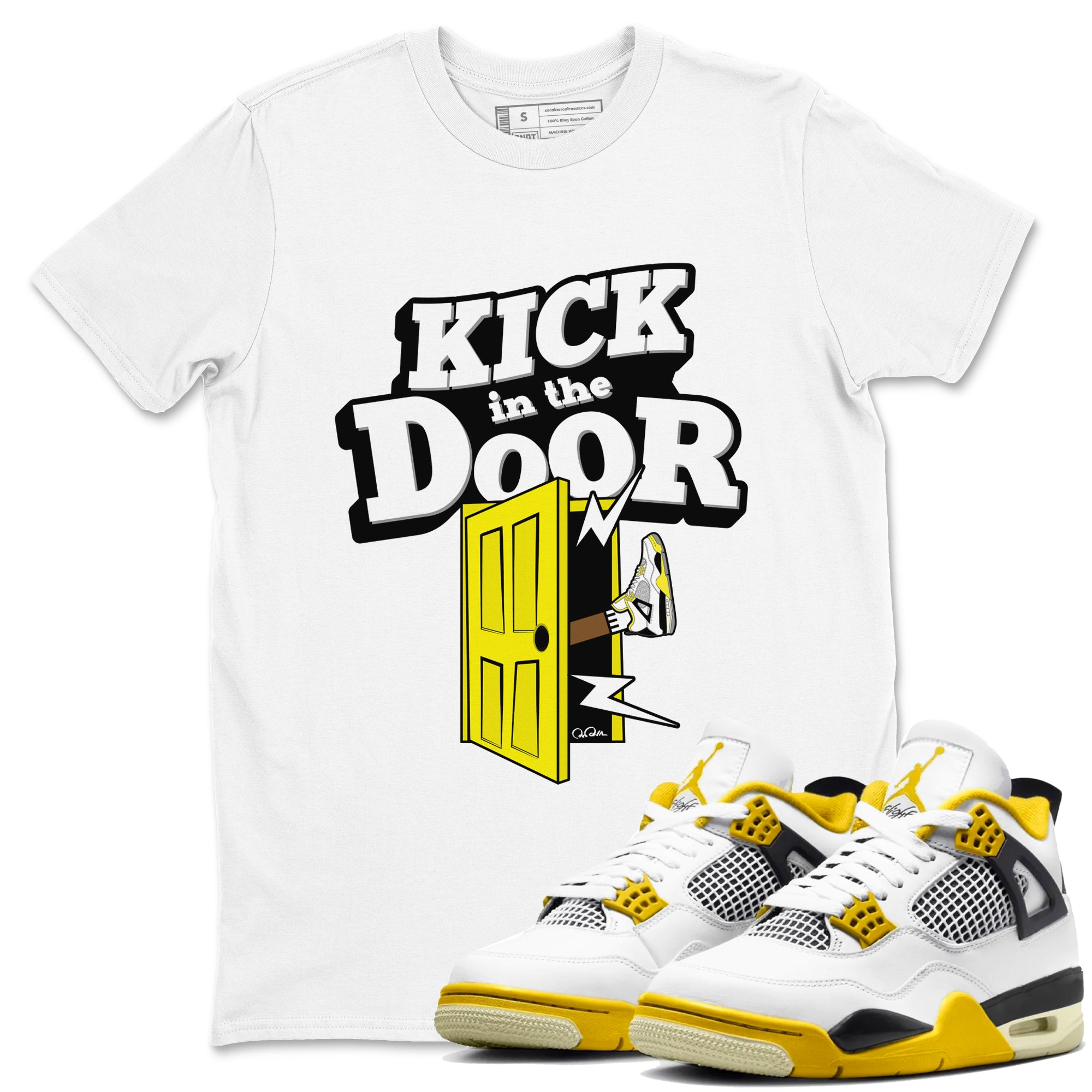 AJ4 Vivid Sulfur shirt to match jordans Kick In The Door sneaker tees Air Jordan 4 Vivid Sulfur Drip Gear Zone unisex cotton White 1 crew neck shirt