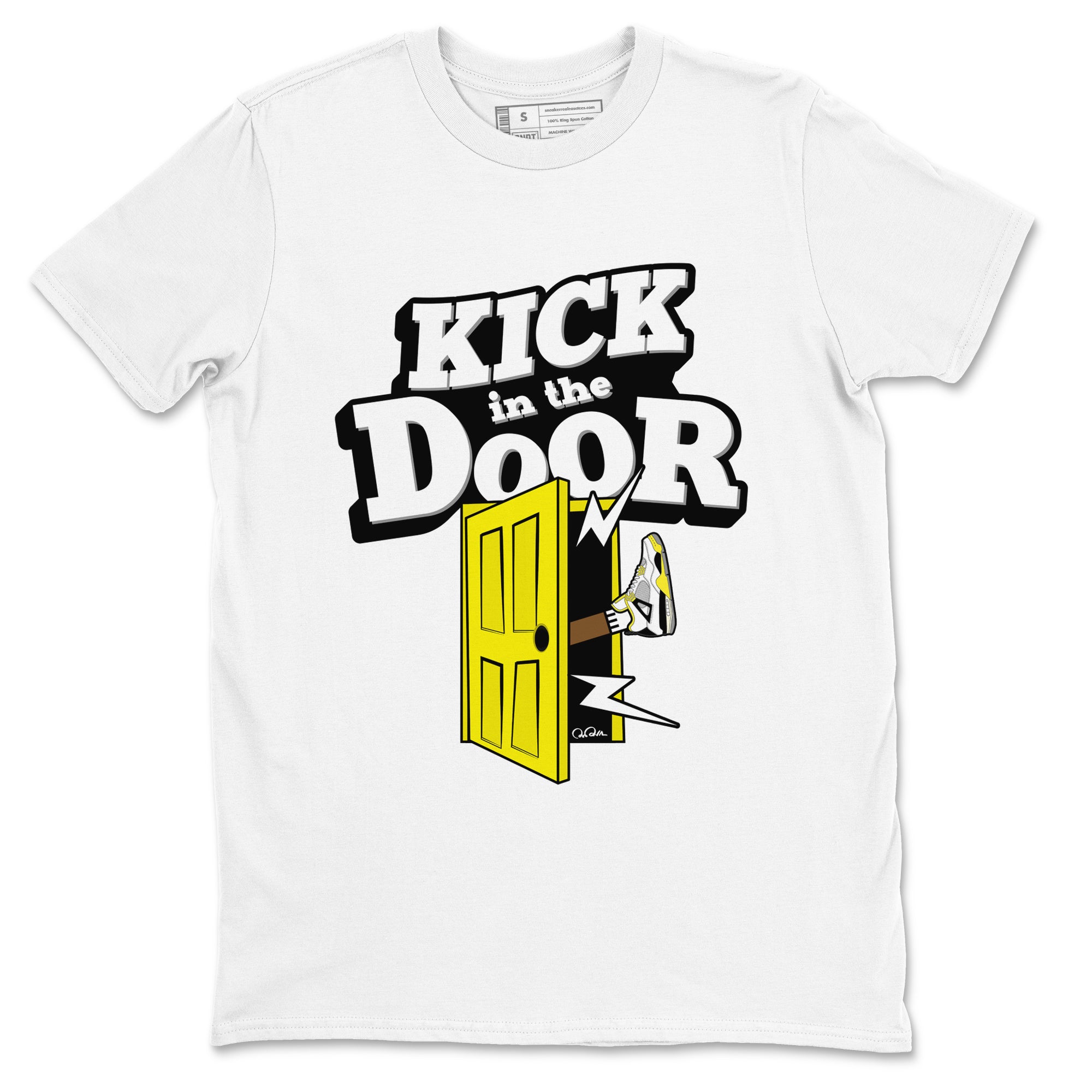 AJ4 Vivid Sulfur shirt to match jordans Kick In The Door sneaker tees Air Jordan 4 Vivid Sulfur Drip Gear Zone unisex cotton White 2 crew neck shirt