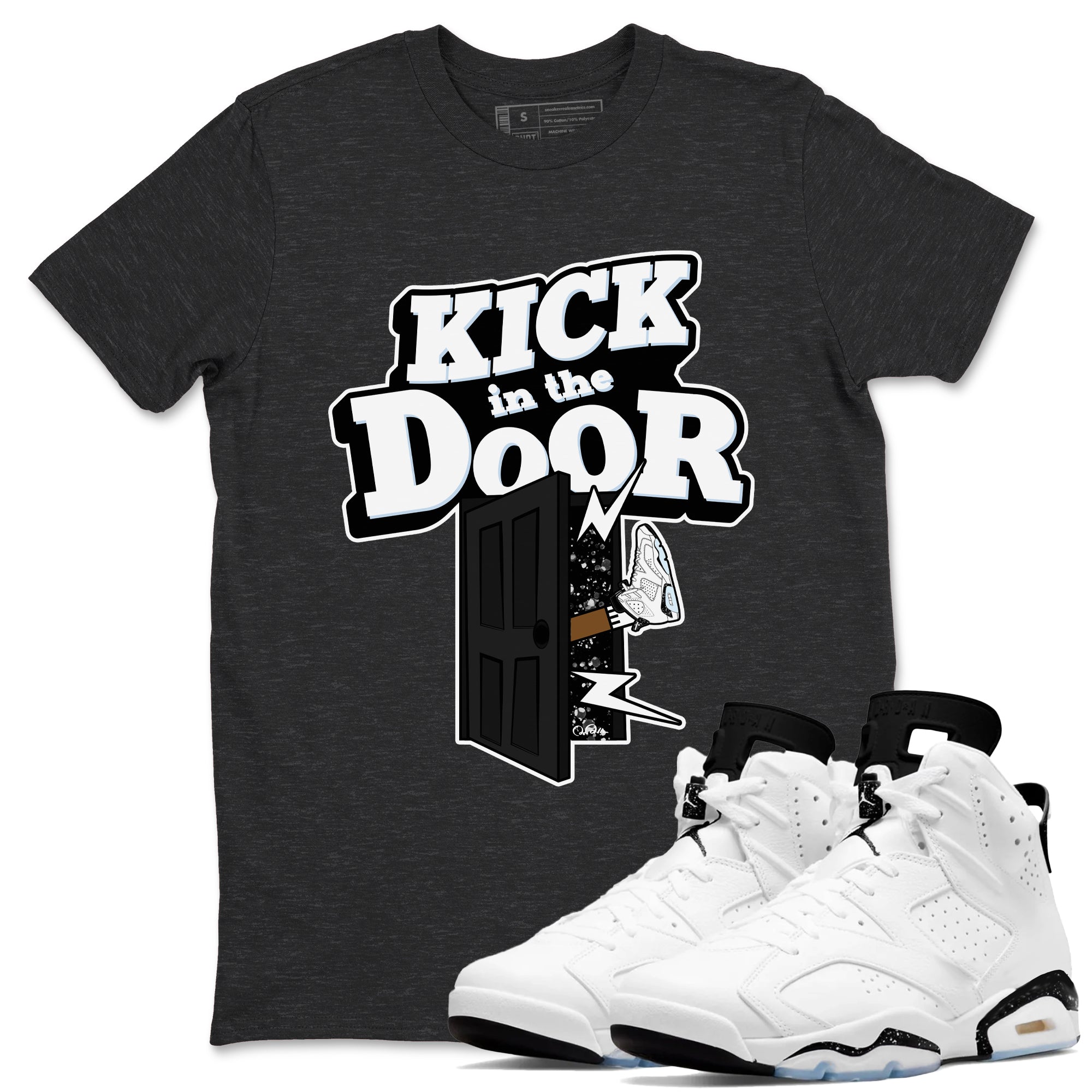 AJ6 White Black shirts to match jordans Kick In The Door sneaker match tees Air Jordan 6 White Black Drip Gear Zone streetwear brand Charcoal Heather 1 unisex cotton tee