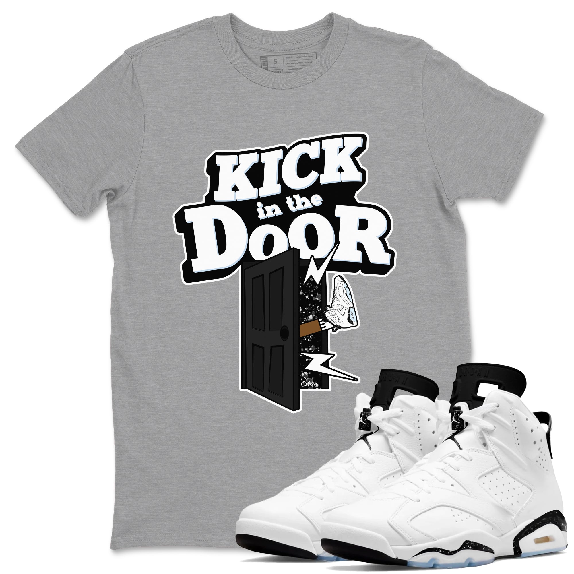 AJ6 White Black shirts to match jordans Kick In The Door sneaker match tees Air Jordan 6 White Black Drip Gear Zone streetwear brand Heather Grey 1 unisex cotton tee