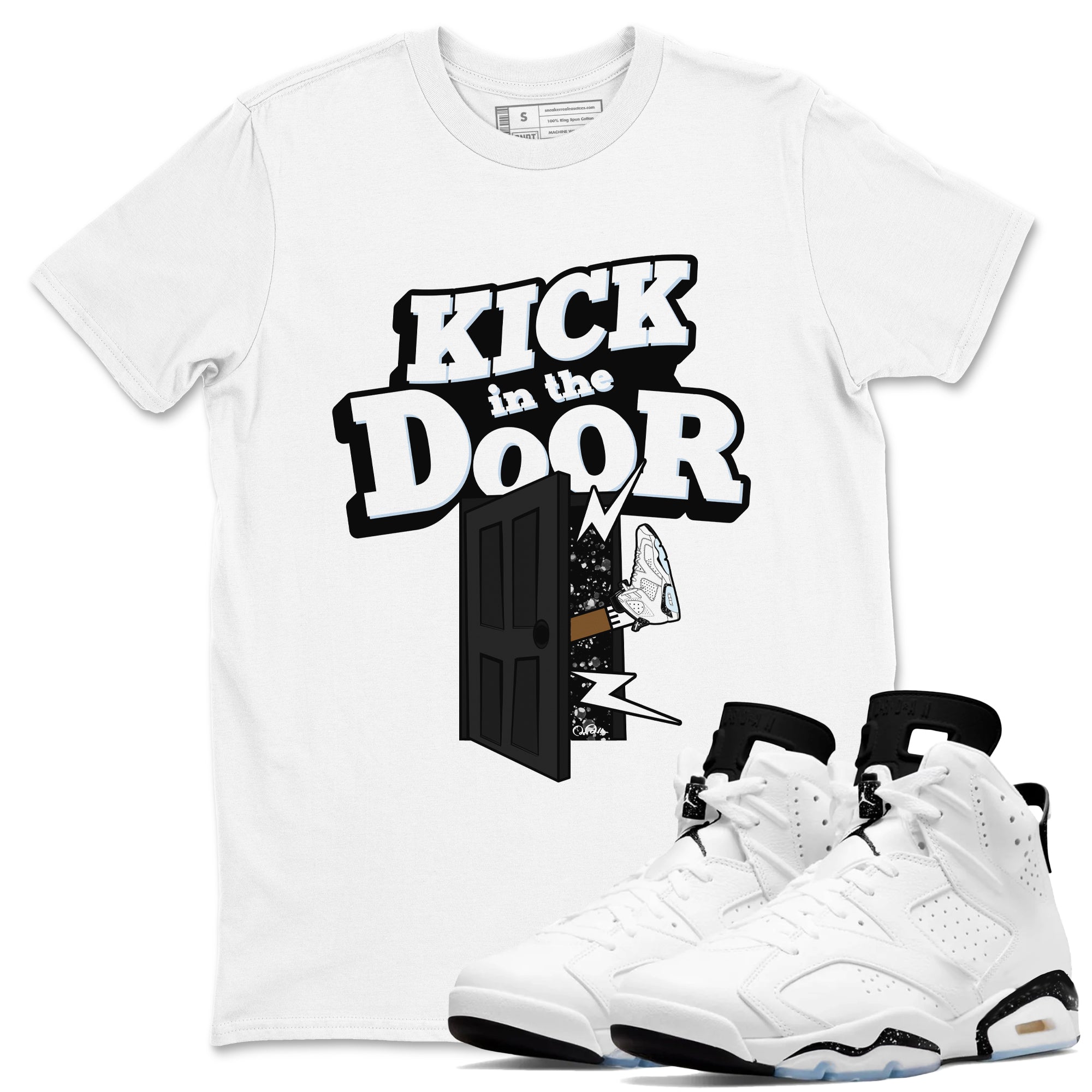 AJ6 White Black shirts to match jordans Kick In The Door sneaker match tees Air Jordan 6 White Black Drip Gear Zone streetwear brand White 1 unisex cotton tee