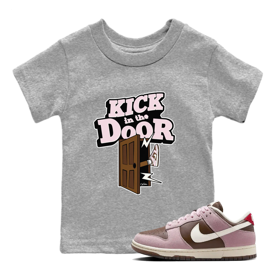 Dunk Cacao Wow And Pink Foam shirts to match jordans Kick In The Door sneaker match tees Dunk Cacao Wow And Pink Foam Drip Gear Zone streetwear brand Baby and Youth Heather Grey 1 cotton tee