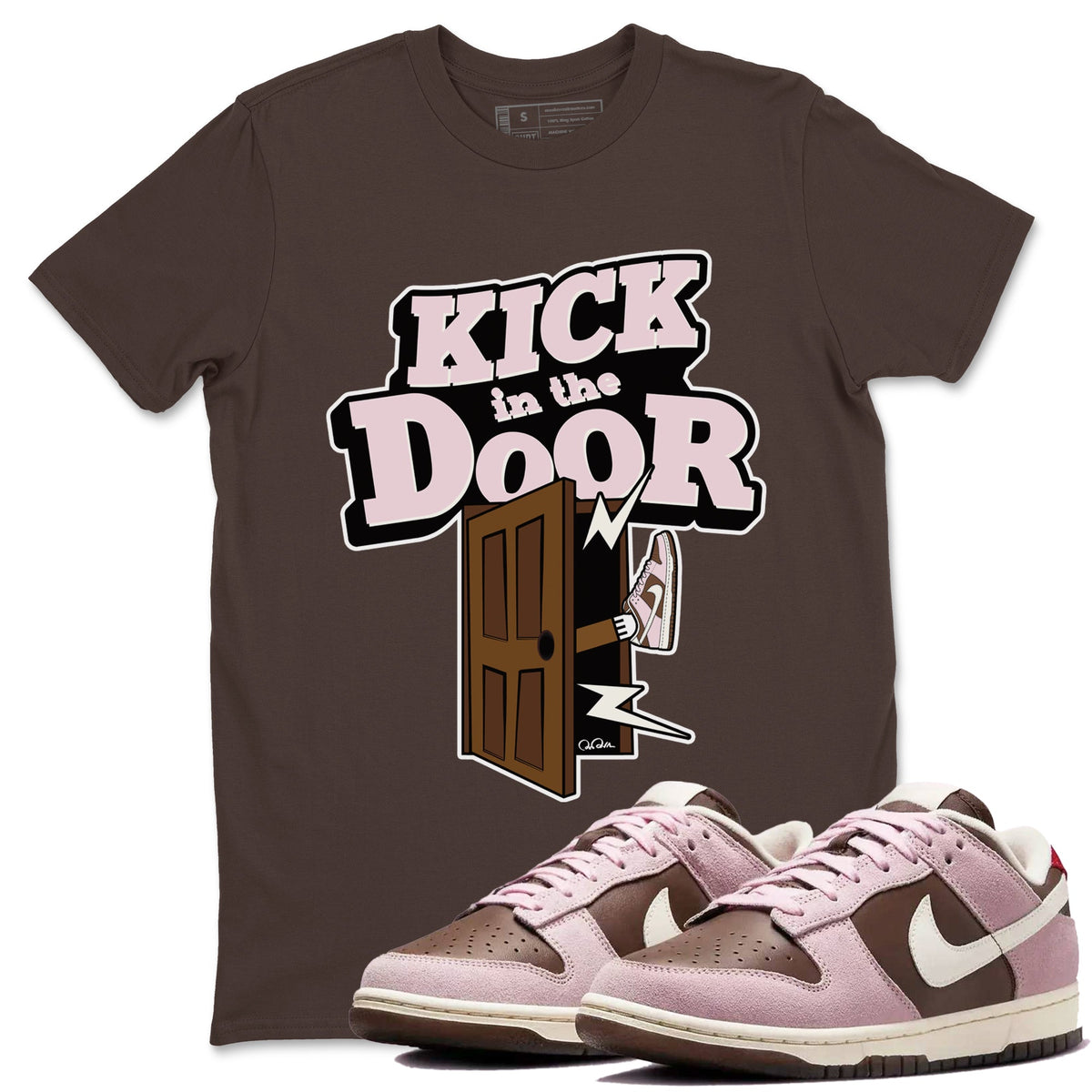 Dunk Cacao Wow And Pink Foam shirts to match jordans Kick In The Door sneaker match tees Dunk Cacao Wow And Pink Foam Drip Gear Zone streetwear brand Dark Chocolate 1 unisex cotton tee