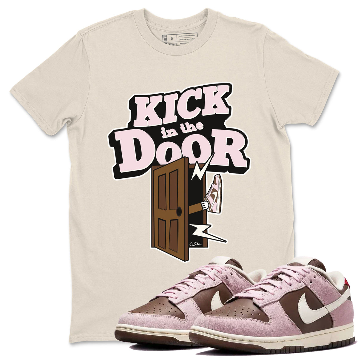Dunk Cacao Wow And Pink Foam shirts to match jordans Kick In The Door sneaker match tees Dunk Cacao Wow And Pink Foam Drip Gear Zone streetwear brand Natural 1 unisex cotton tee