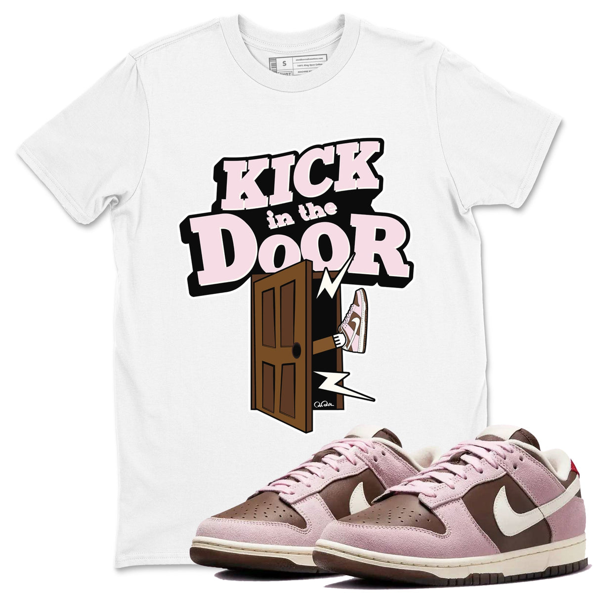 Dunk Cacao Wow And Pink Foam shirts to match jordans Kick In The Door sneaker match tees Dunk Cacao Wow And Pink Foam Drip Gear Zone streetwear brand White 1 unisex cotton tee
