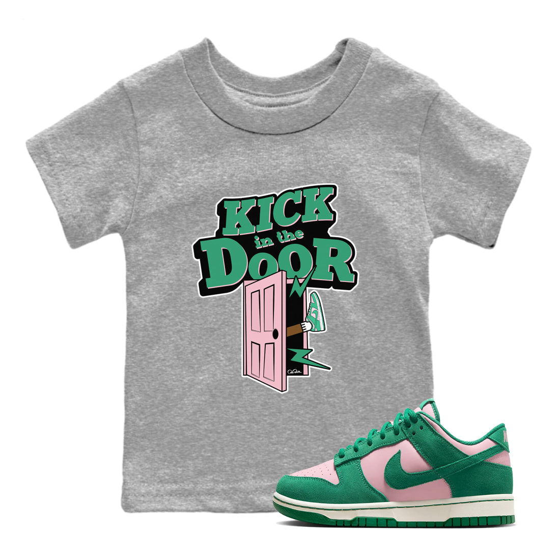 Dunk Low Medium Soft Pink Malachite shirt to match jordans Kick In The Door sneaker tees Dunk Medium Soft Pink Malachite Drip Gear Zone baby toddler Heather Grey 1 cotton Shirt
