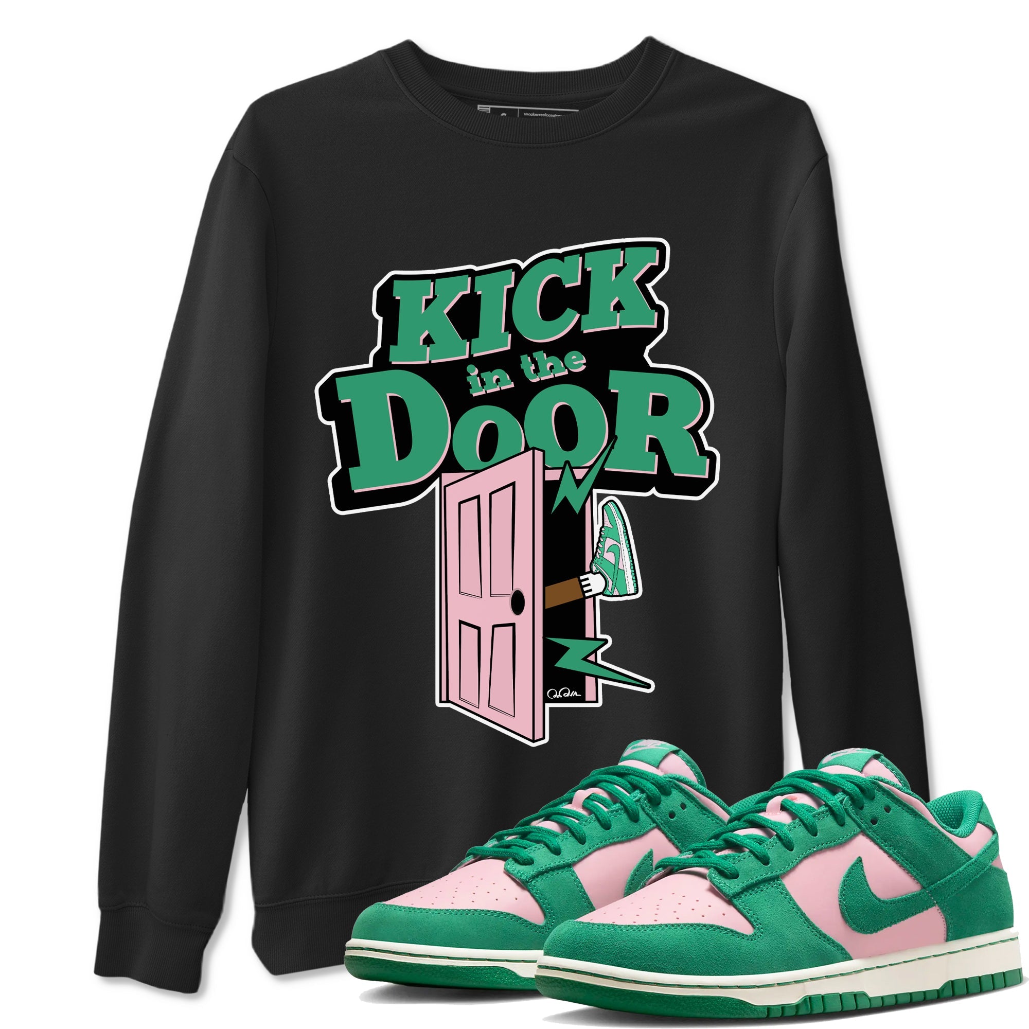 Dunk Low Medium Soft Pink Malachite shirt to match jordans Kick In The Door sneaker tees Dunk Medium Soft Pink Malachite Drip Gear Zone unisex cotton Black 1 crew neck shirt