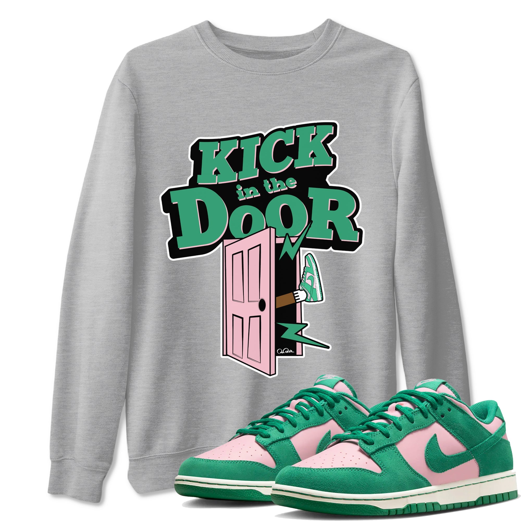 Dunk Low Medium Soft Pink Malachite shirt to match jordans Kick In The Door sneaker tees Dunk Medium Soft Pink Malachite Drip Gear Zone unisex cotton Heather Grey 1 crew neck shirt