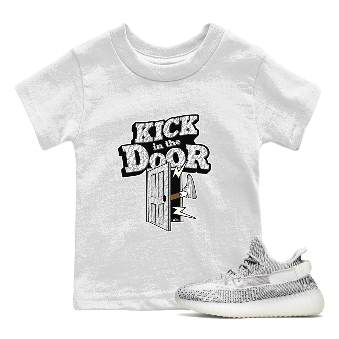 Yeezy 350 Static shirt to match jordans Kick In The Door sneaker tees Adidas Yeezy 350 Static Drip Gear Zone Baby Toddler White 1 T-Shirt