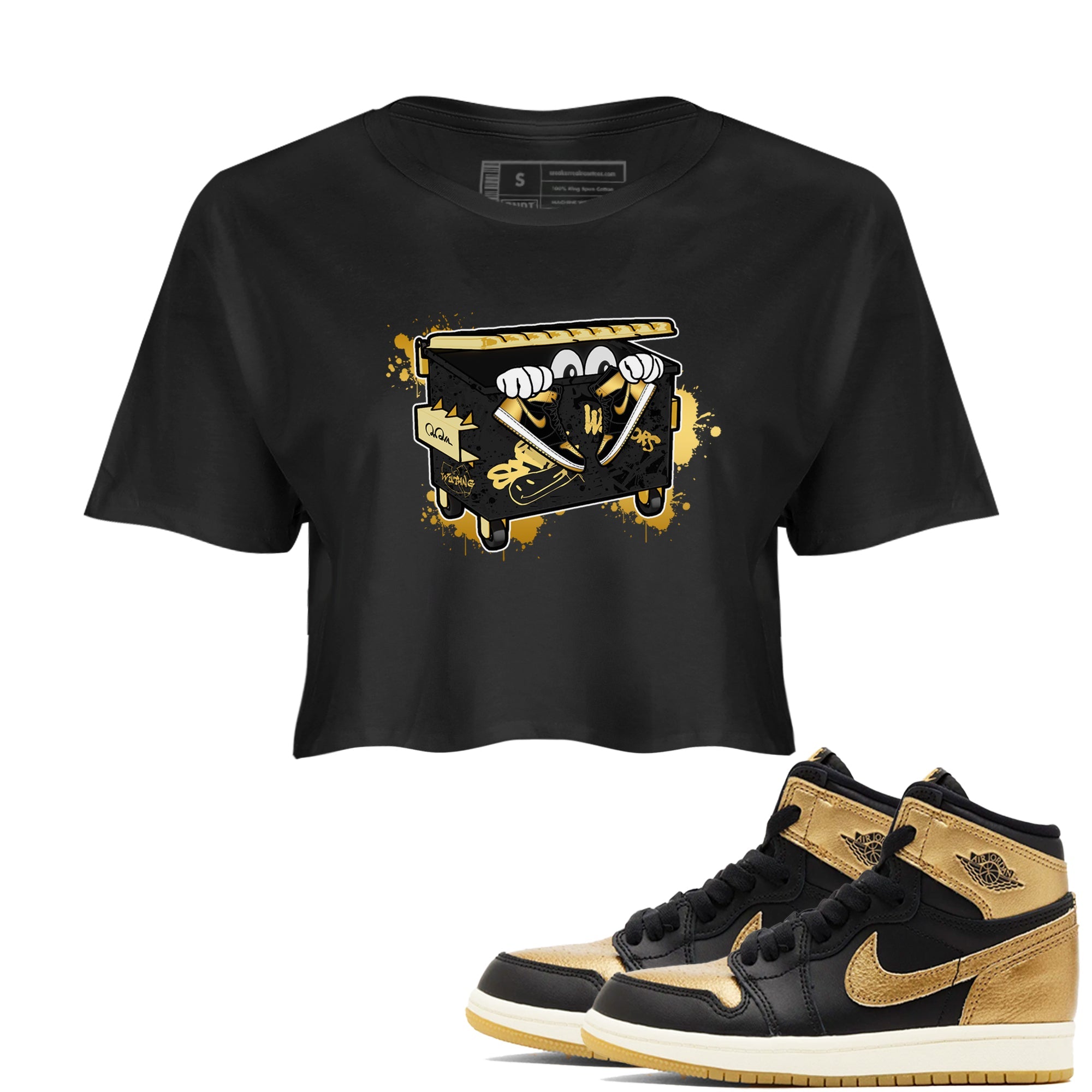 1s Black Metallic Gold shirts to match jordans Kick Trash sneaker match tees Air Jordan 1 Black Metallic Gold Drip Gear Zone streetwear brand Black 1 crop tee