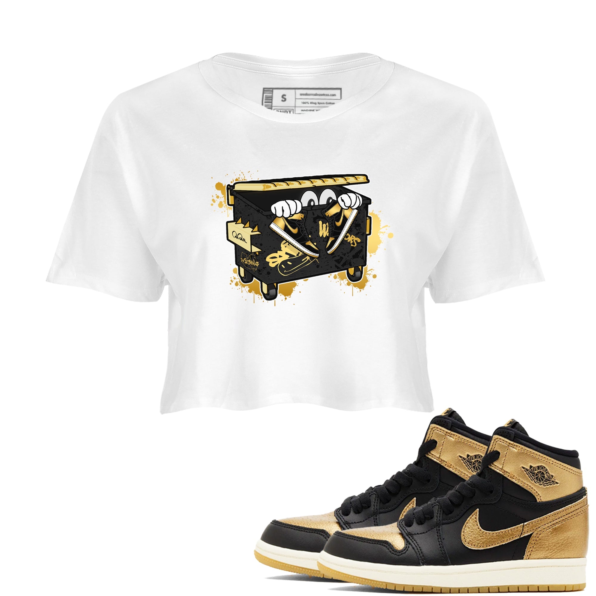 1s Black Metallic Gold shirts to match jordans Kick Trash sneaker match tees Air Jordan 1 Black Metallic Gold Drip Gear Zone streetwear brand White 1 crop tee