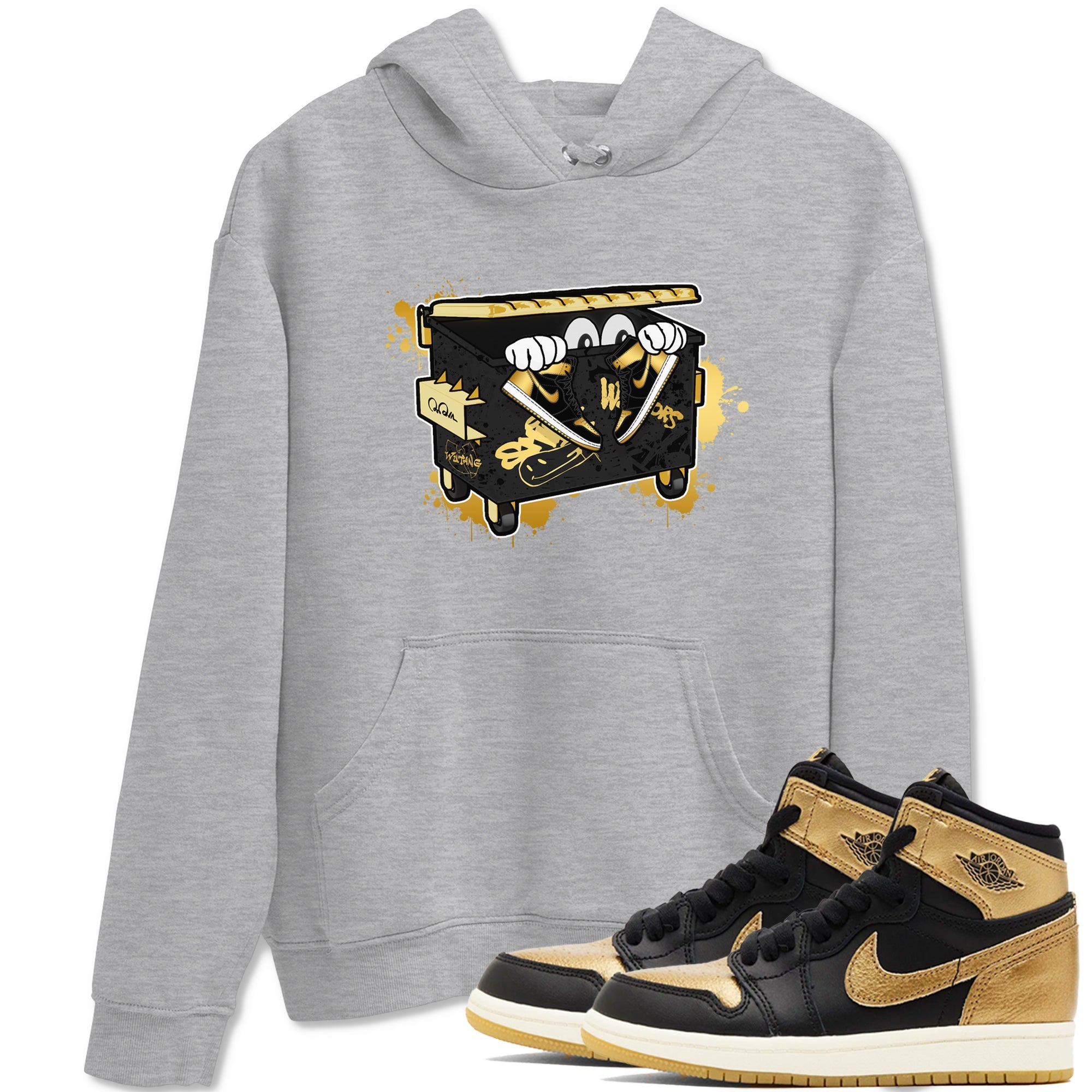 1s Black Metallic Gold shirts to match jordans Kick Trash sneaker match tees Air Jordan 1 Black Metallic Gold Drip Gear Zone streetwear brand Heather Grey 1 unisex cotton tee