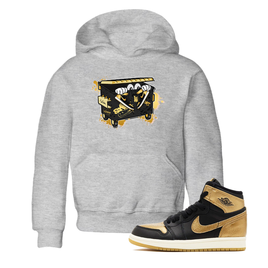 1s Black Metallic Gold shirts to match jordans Kick Trash sneaker match tees Air Jordan 1 Black Metallic Gold Drip Gear Zone streetwear brand Baby and Youth Heather Grey 1 cotton tee