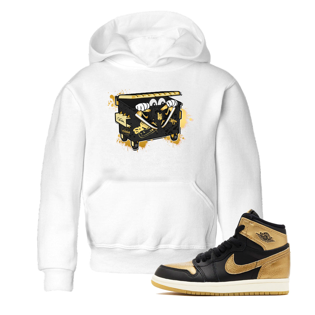 1s Black Metallic Gold shirts to match jordans Kick Trash sneaker match tees Air Jordan 1 Black Metallic Gold Drip Gear Zone streetwear brand Baby and Youth White 1 cotton tee