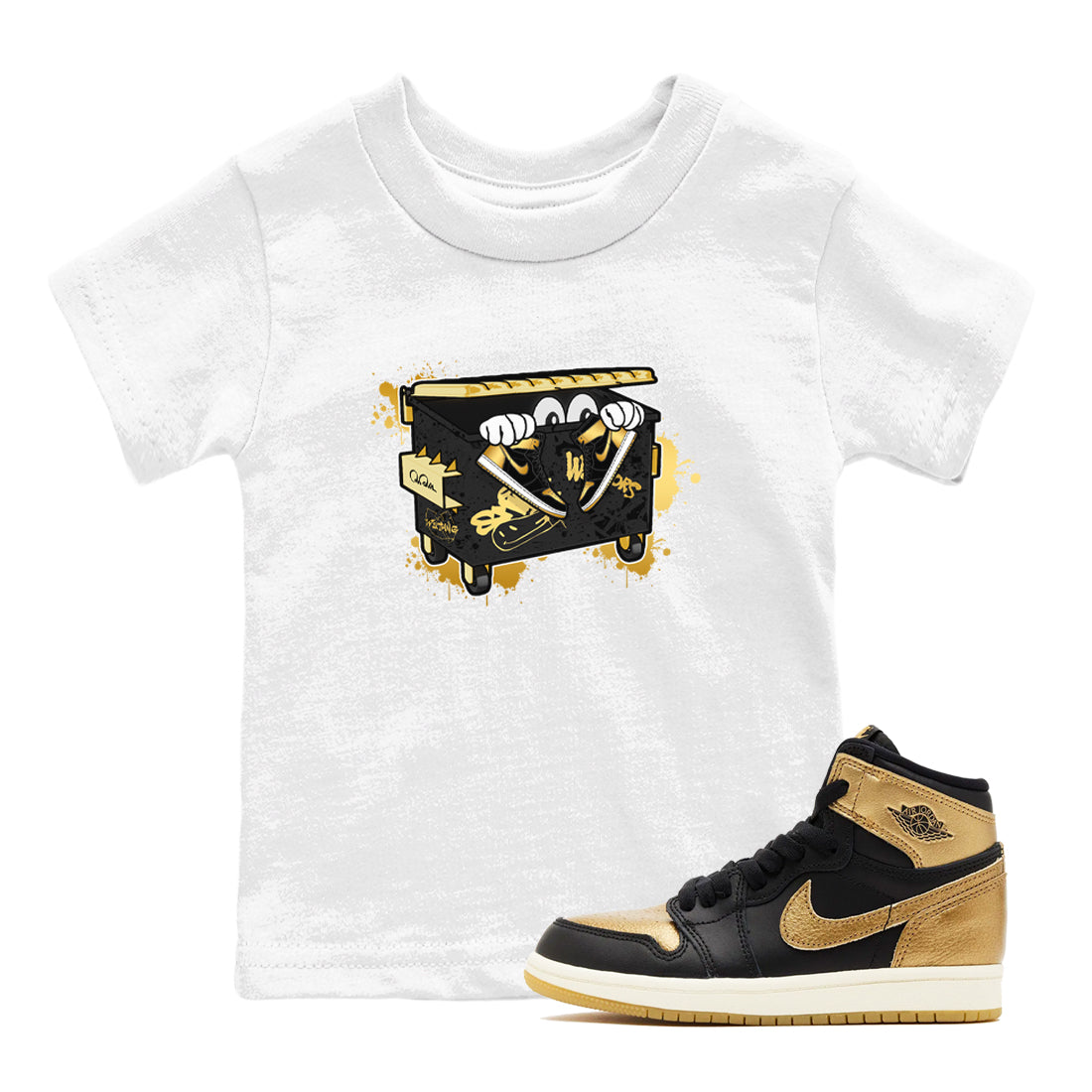 1s Black Metallic Gold shirts to match jordans Kick Trash sneaker match tees Air Jordan 1 Black Metallic Gold Drip Gear Zone streetwear brand Baby and Youth White 1 cotton tee