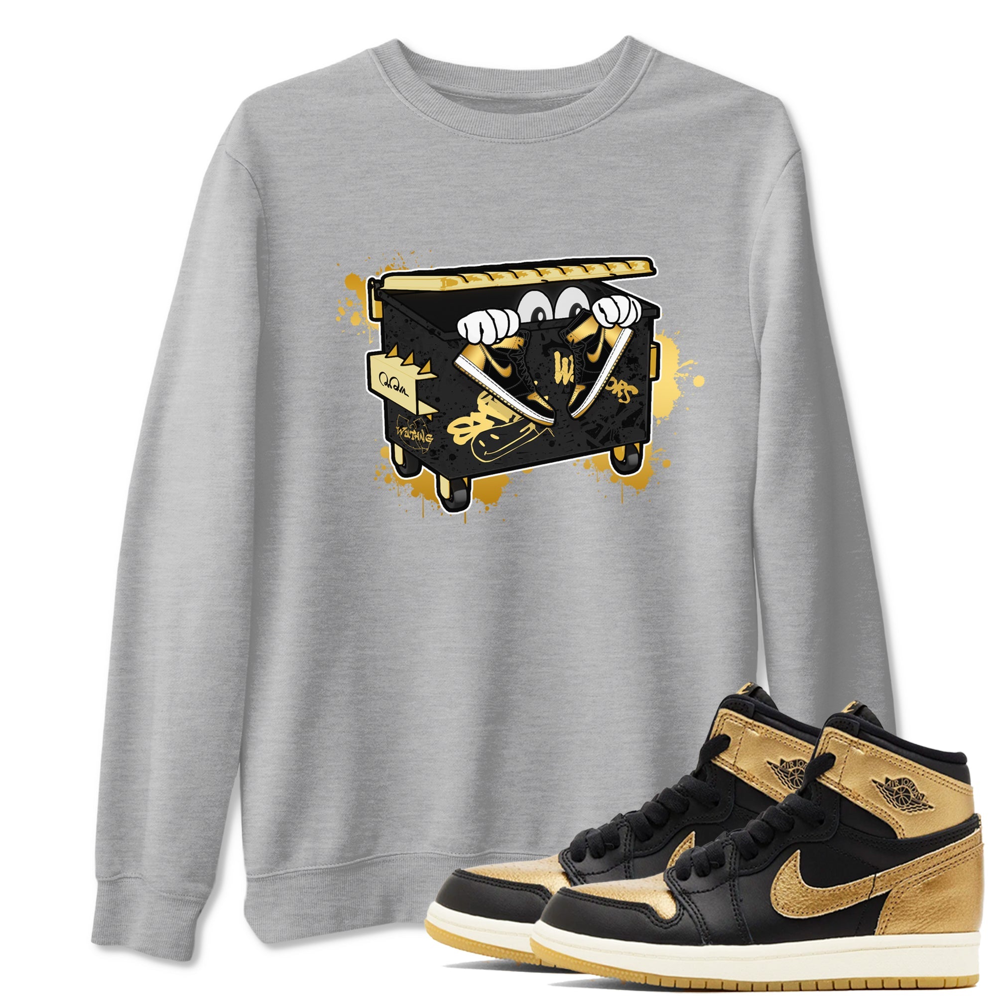 1s Black Metallic Gold shirts to match jordans Kick Trash sneaker match tees Air Jordan 1 Black Metallic Gold Drip Gear Zone streetwear brand Heather Grey 1 unisex cotton tee