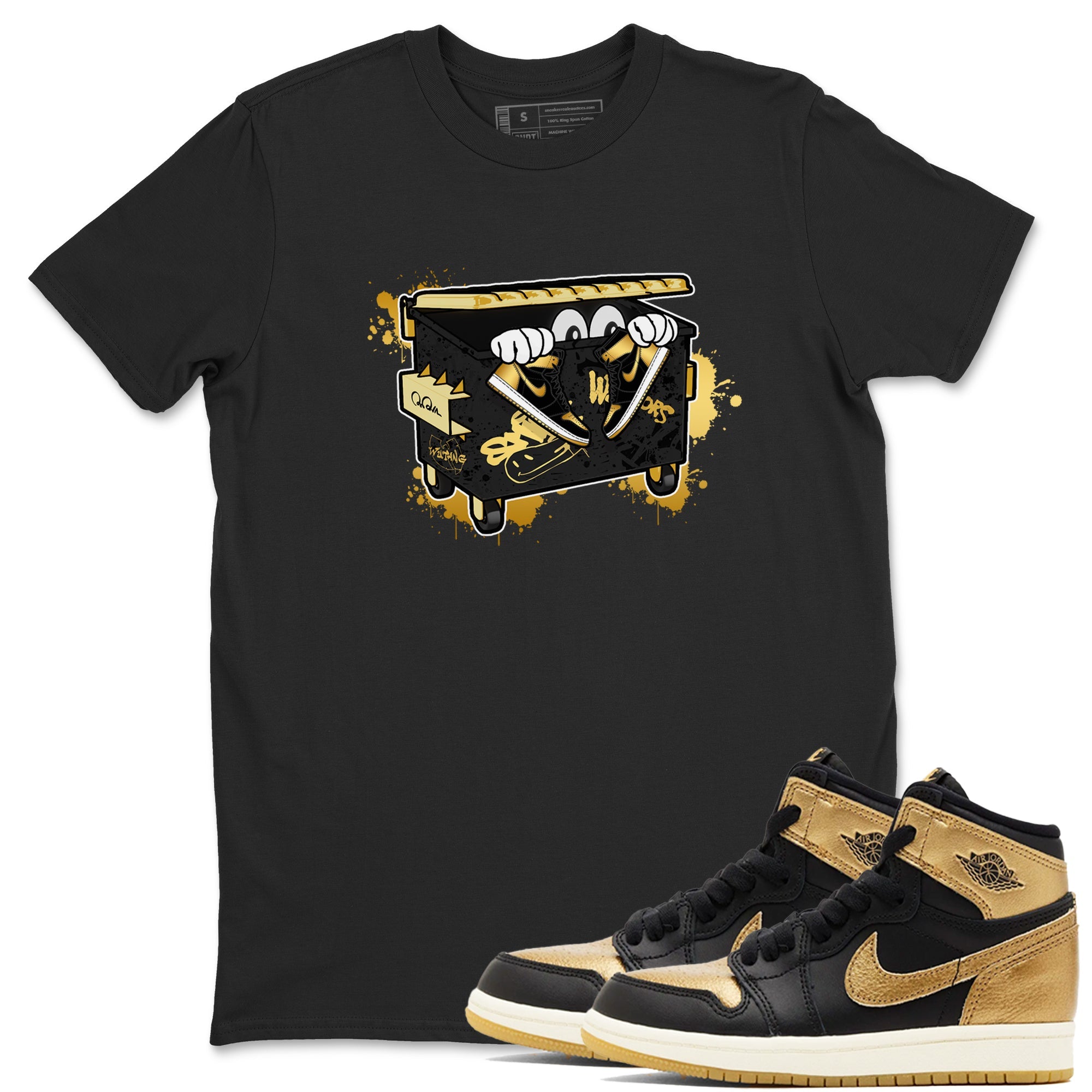 1s Black Metallic Gold shirts to match jordans Kick Trash sneaker match tees Air Jordan 1 Black Metallic Gold Drip Gear Zone streetwear brand Black 1 unisex cotton tee