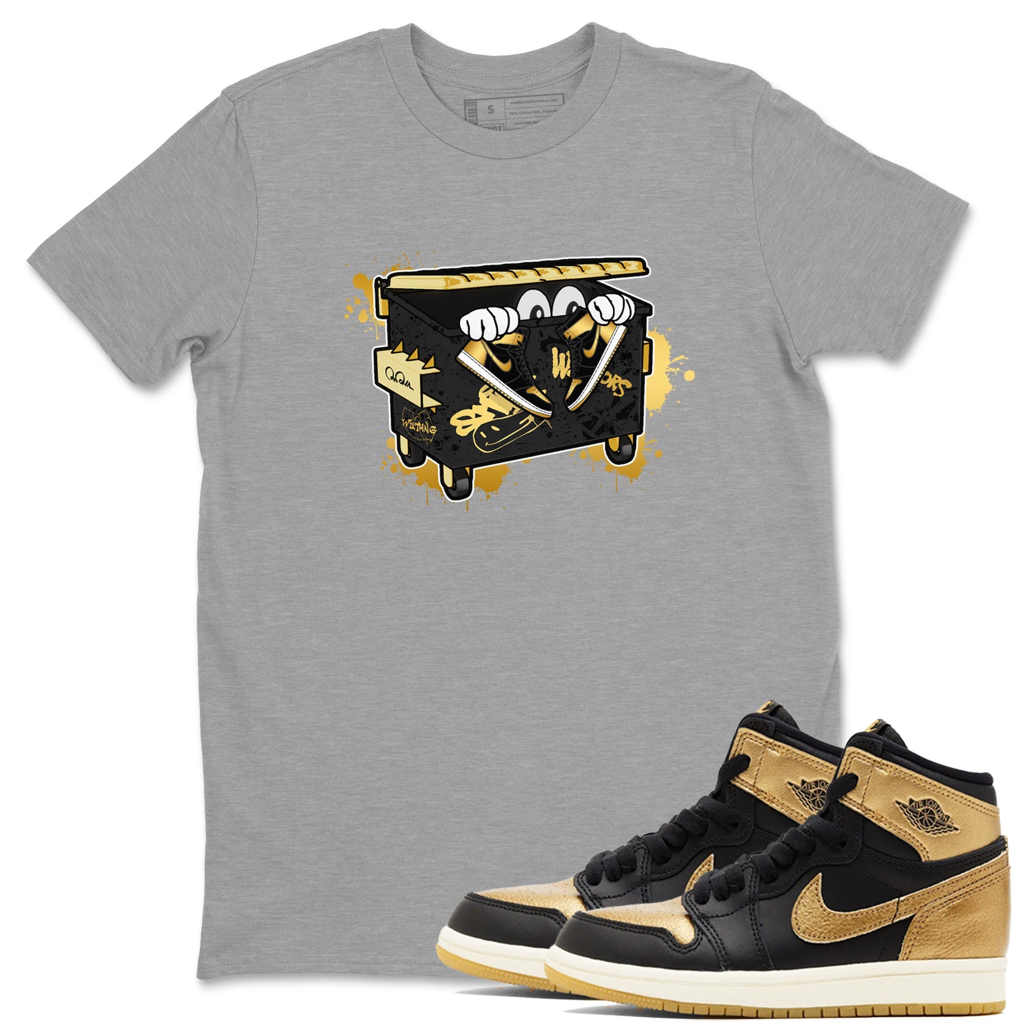1s Black Metallic Gold shirts to match jordans Kick Trash sneaker match tees Air Jordan 1 Black Metallic Gold Drip Gear Zone streetwear brand Heather Grey 1 unisex cotton tee