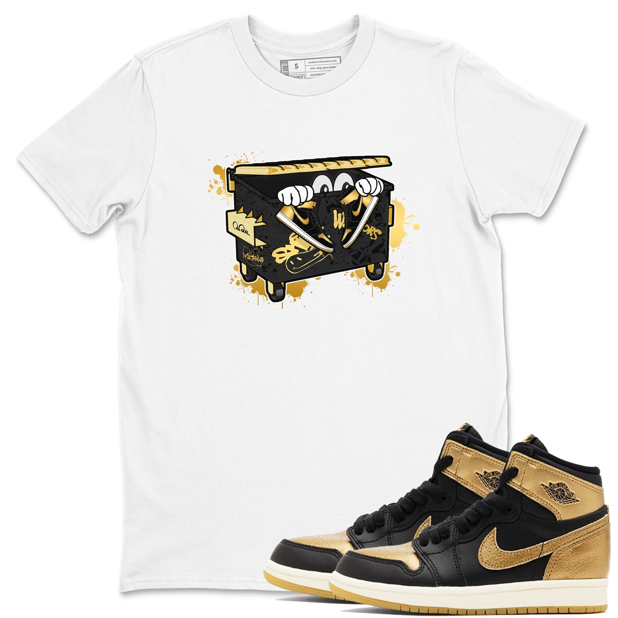 1s Black Metallic Gold shirts to match jordans Kick Trash sneaker match tees Air Jordan 1 Black Metallic Gold Drip Gear Zone streetwear brand White 1 unisex cotton tee