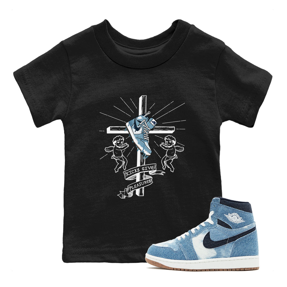 1s Denim shirts to match jordans Kicks Give Pleasures sneaker match tees Air Jordan 1 Denim Drip Gear Zone streetwear brand Baby and Youth Black 1 cotton tee