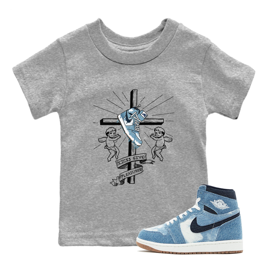 1s Denim shirts to match jordans Kicks Give Pleasures sneaker match tees Air Jordan 1 Denim Drip Gear Zone streetwear brand Baby and Youth Heather Grey 1 cotton tee