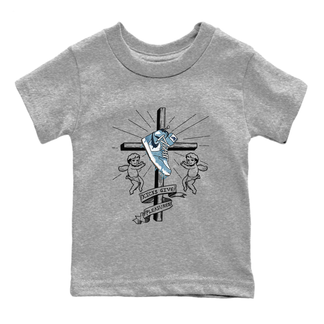 1s Denim shirts to match jordans Kicks Give Pleasures sneaker match tees Air Jordan 1 Denim Drip Gear Zone streetwear brand Baby and Youth Heather Grey 2 cotton tee