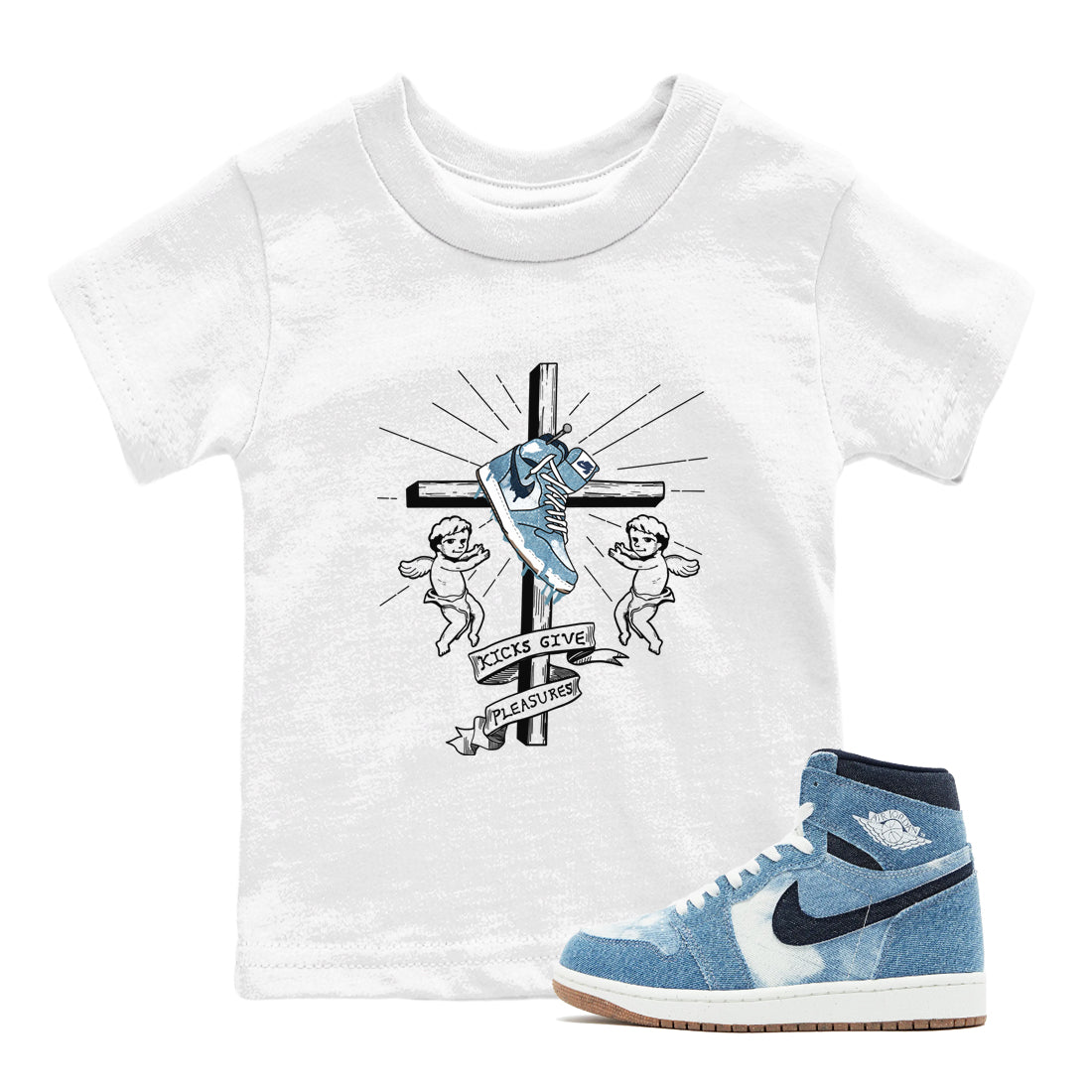 1s Denim shirts to match jordans Kicks Give Pleasures sneaker match tees Air Jordan 1 Denim Drip Gear Zone streetwear brand Baby and Youth White 1 cotton tee