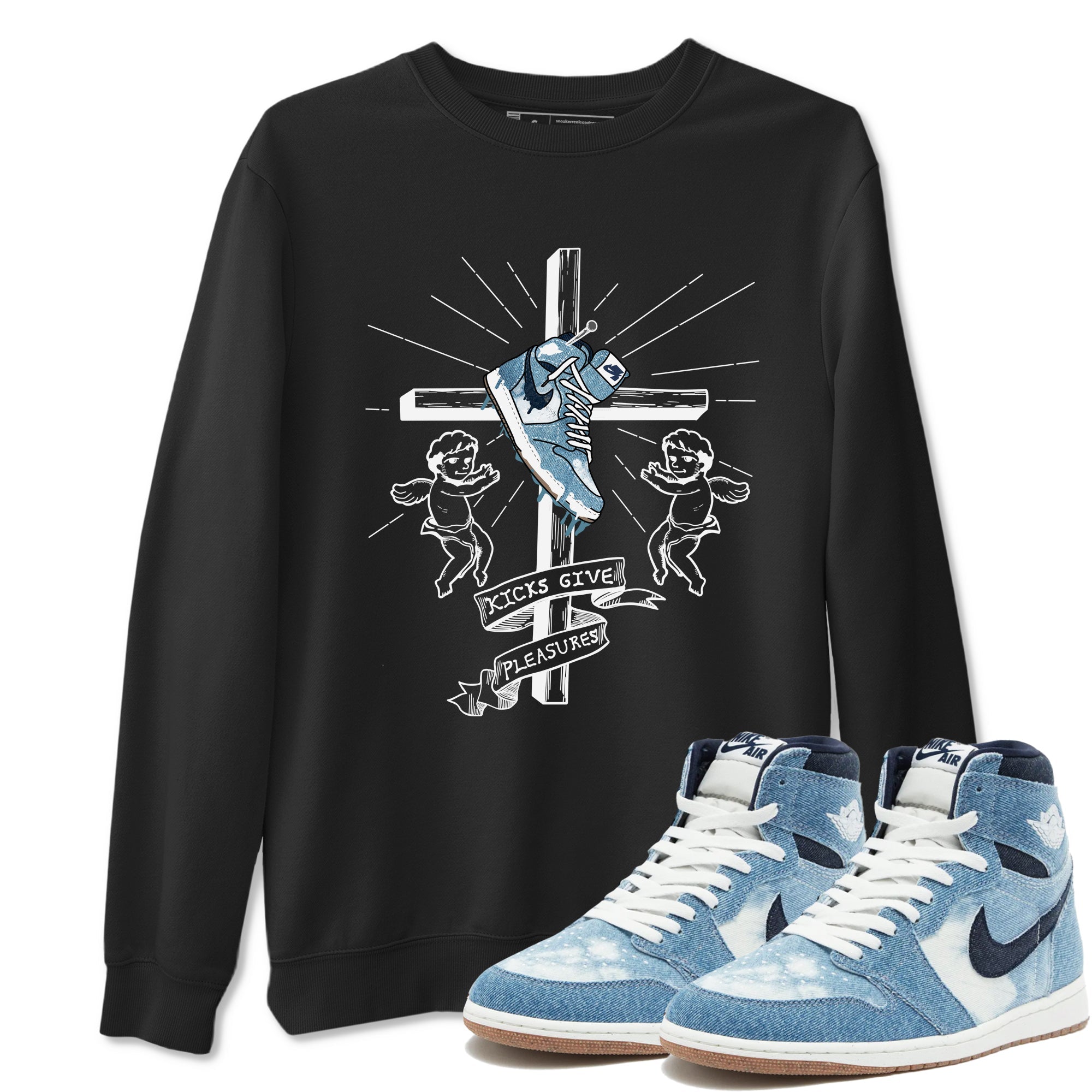 1s Denim shirts to match jordans Kicks Give Pleasures sneaker match tees Air Jordan 1 Denim Drip Gear Zone streetwear brand Black 1 unisex cotton tee
