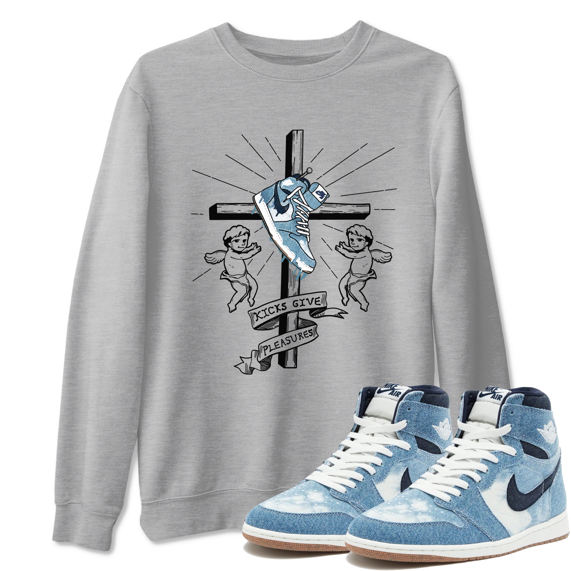 1s Denim shirts to match jordans Kicks Give Pleasures sneaker match tees Air Jordan 1 Denim Drip Gear Zone streetwear brand Heather Grey 1 unisex cotton tee