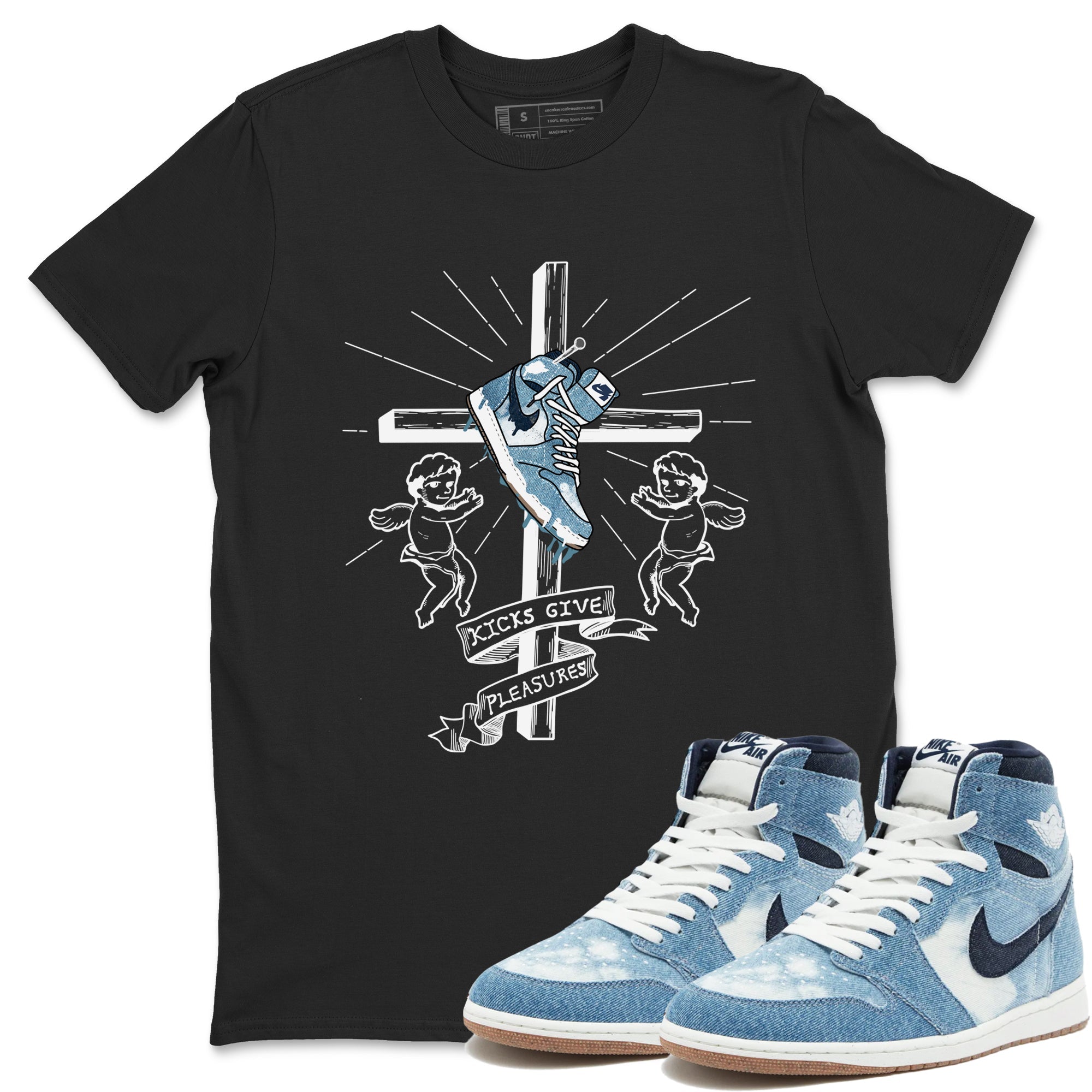 1s Denim shirts to match jordans Kicks Give Pleasures sneaker match tees Air Jordan 1 Denim Drip Gear Zone streetwear brand Black 1 unisex cotton tee