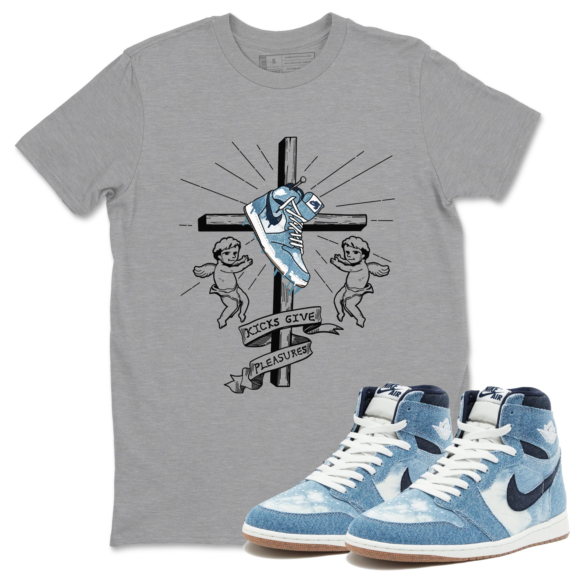 1s Denim shirts to match jordans Kicks Give Pleasures sneaker match tees Air Jordan 1 Denim Drip Gear Zone streetwear brand Heather Grey 1 unisex cotton tee
