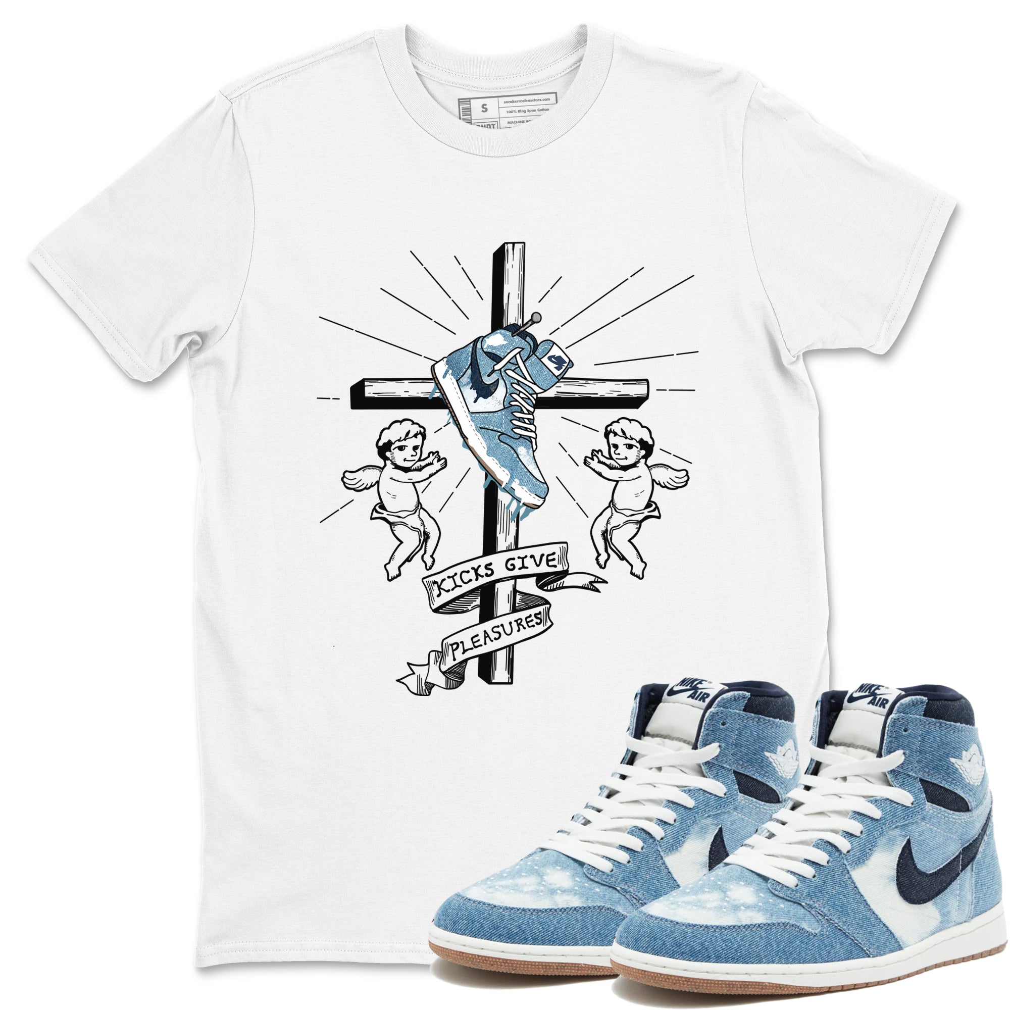 1s Denim shirts to match jordans Kicks Give Pleasures sneaker match tees Air Jordan 1 Denim Drip Gear Zone streetwear brand White 1 unisex cotton tee