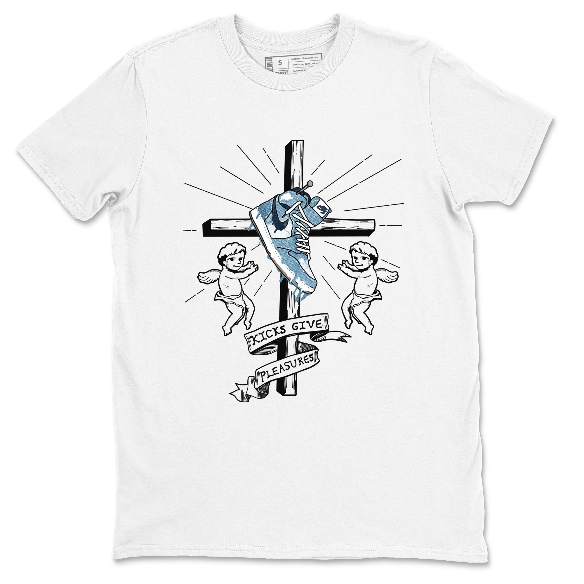 1s Denim shirts to match jordans Kicks Give Pleasures sneaker match tees Air Jordan 1 Denim Drip Gear Zone streetwear brand White 2 unisex cotton tee