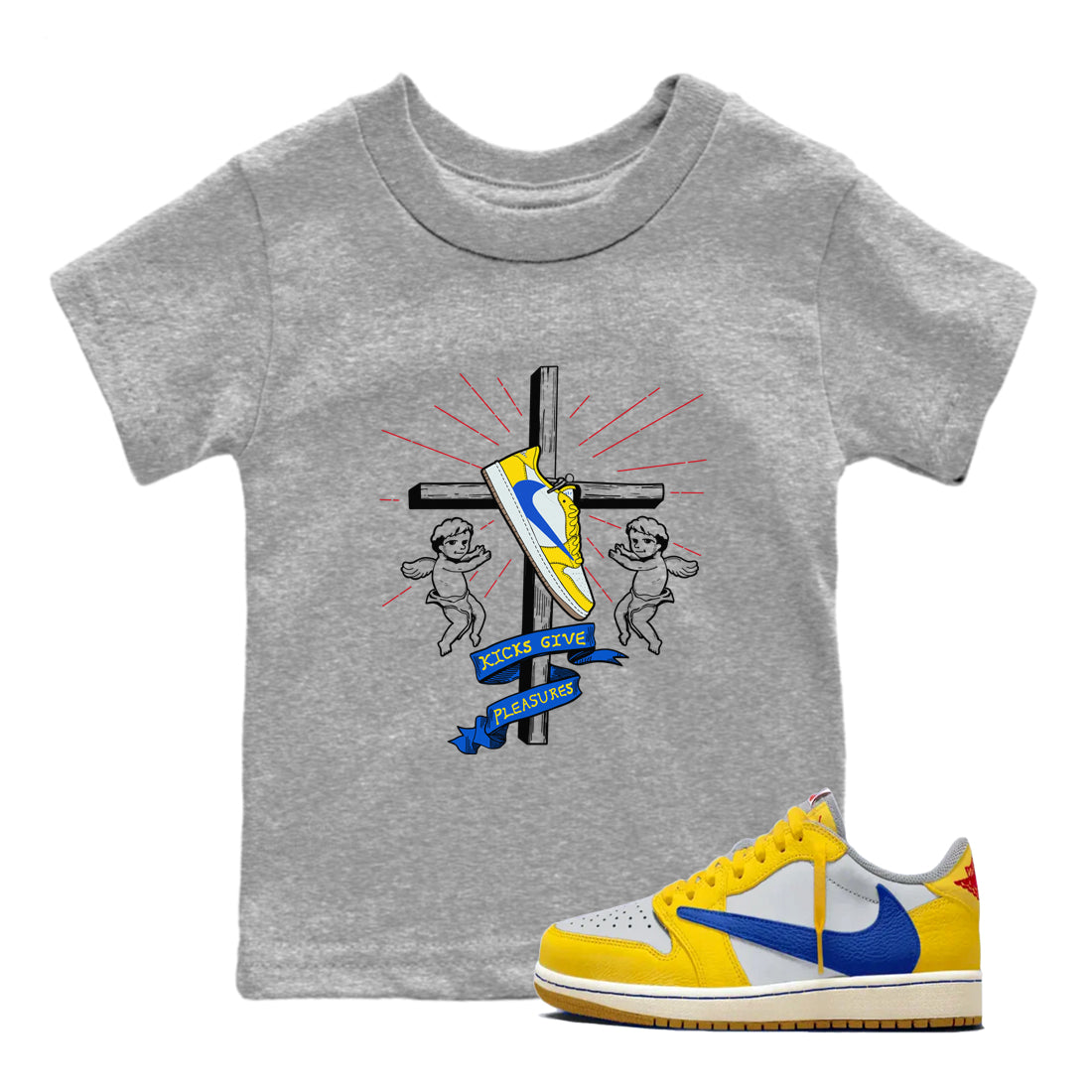 AJ1 Travis Scott Canary shirt to match jordans Kicks Give Pleasures sneaker tees Air Jordan 1 Travis Scott Canary Drip Gear Zone baby toddler Heather Grey 1 cotton Shirt