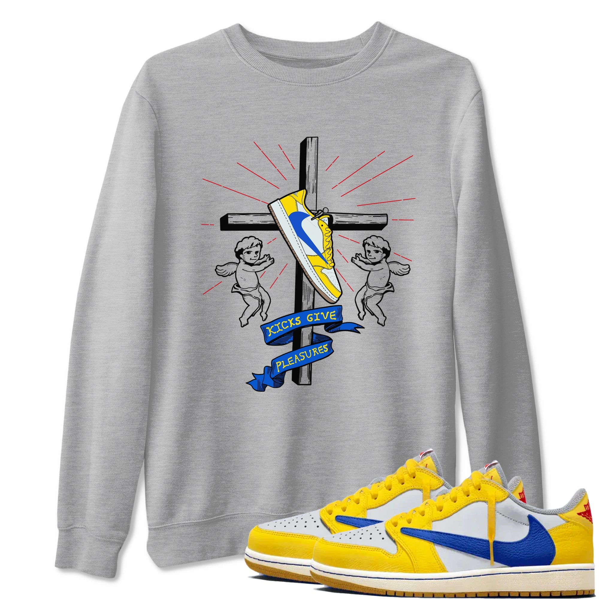 AJ1 Travis Scott Canary shirt to match jordans Kicks Give Pleasures sneaker tees Air Jordan 1 Travis Scott Canary Drip Gear Zone unisex cotton Heather Grey 1 crew neck shirt