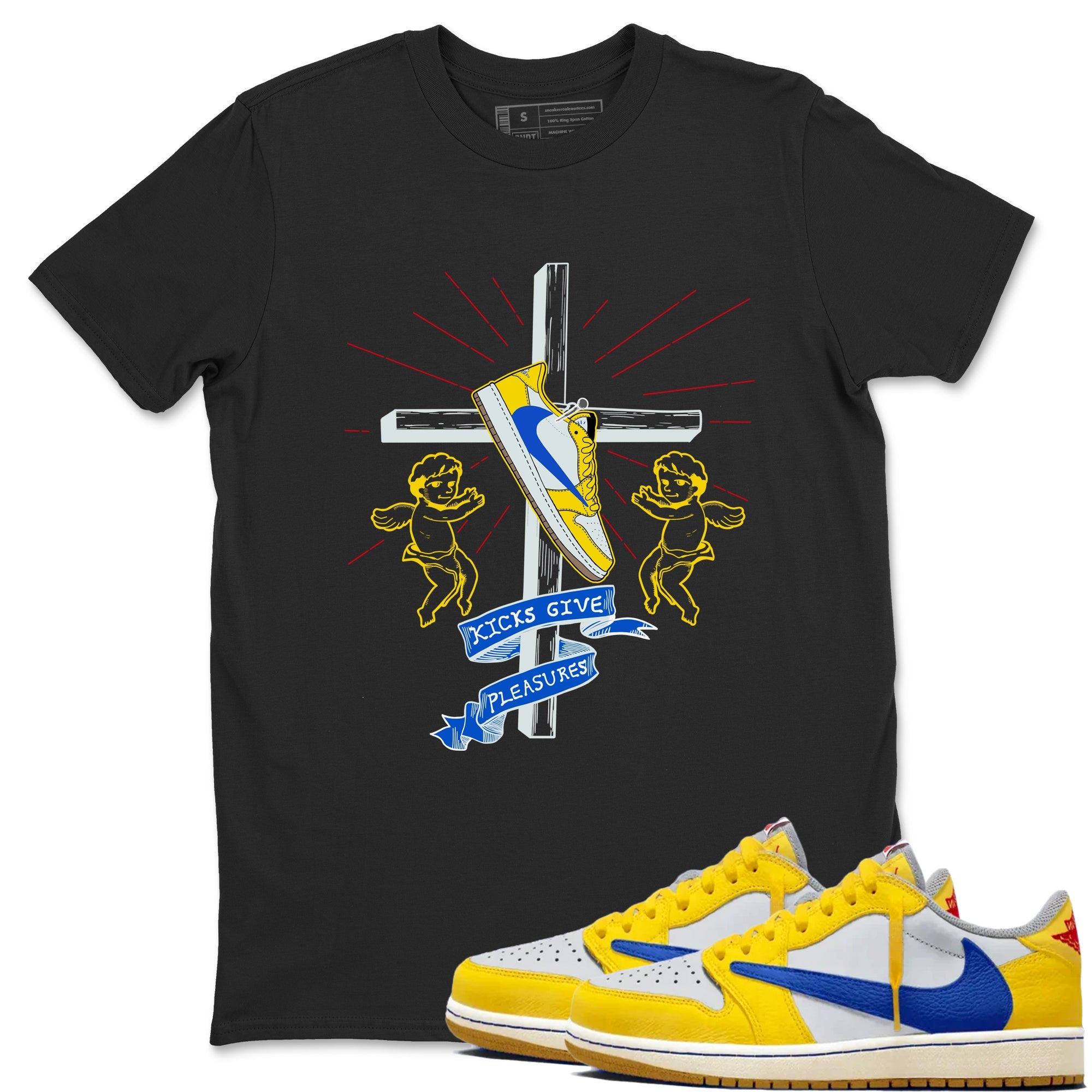 AJ1 Travis Scott Canary shirt to match jordans Kicks Give Pleasures sneaker tees Air Jordan 1 Travis Scott Canary Drip Gear Zone unisex cotton Black 1 crew neck shirt