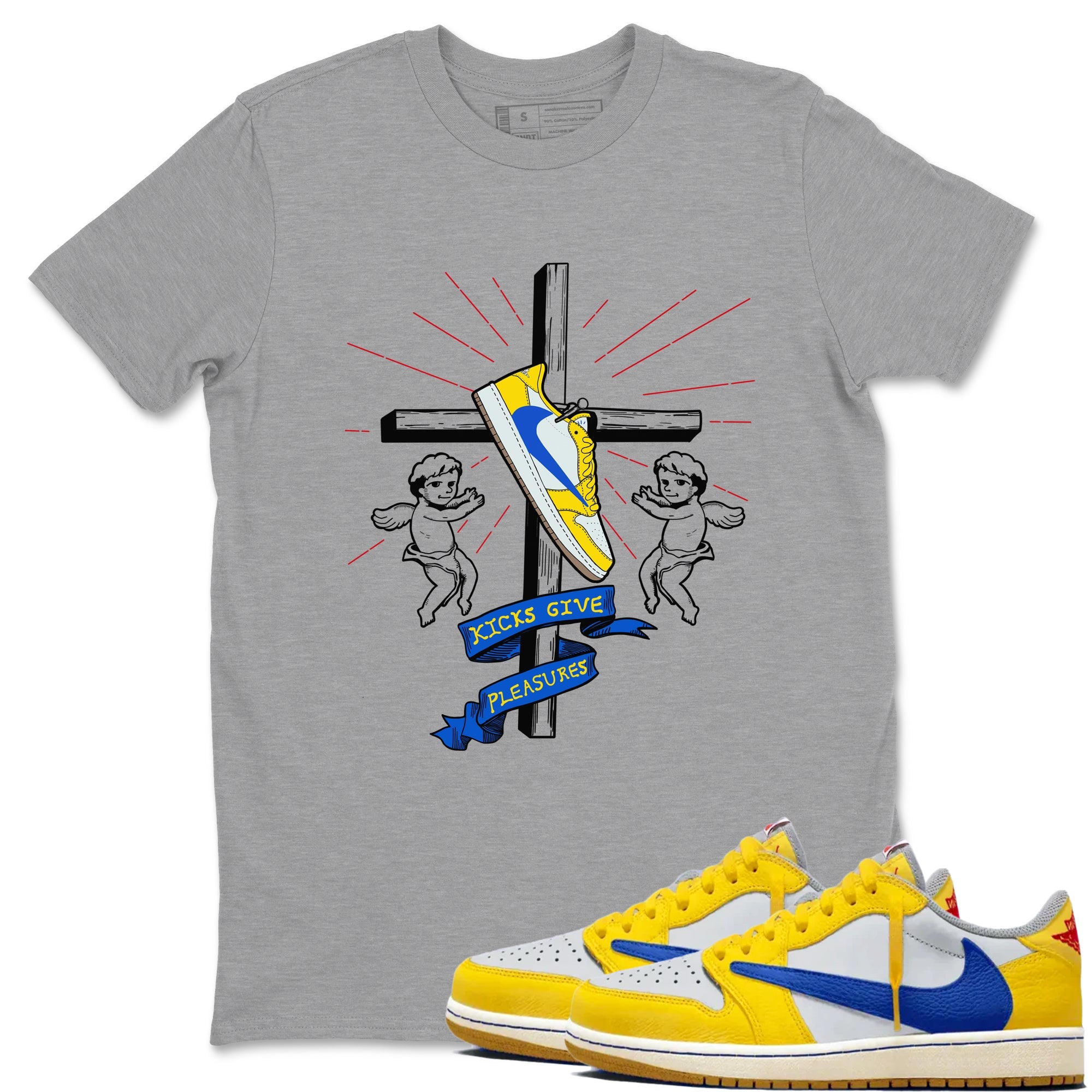 AJ1 Travis Scott Canary shirt to match jordans Kicks Give Pleasures sneaker tees Air Jordan 1 Travis Scott Canary Drip Gear Zone unisex cotton Heather Grey 1 crew neck shirt