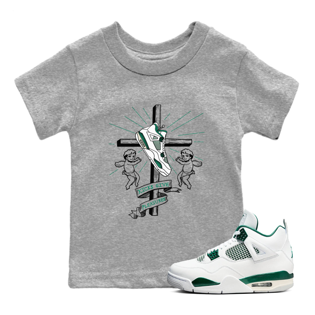 4s Oxidized Green shirts to match jordans Kicks Give Pleasures sneaker match tees Air Jordan 4 Oxidized Green Drip Gear Zone streetwear brand Baby and Youth Heather Grey 1 cotton tee