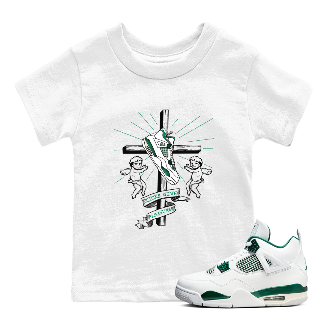 4s Oxidized Green shirts to match jordans Kicks Give Pleasures sneaker match tees Air Jordan 4 Oxidized Green Drip Gear Zone streetwear brand Baby and Youth White 1 cotton tee