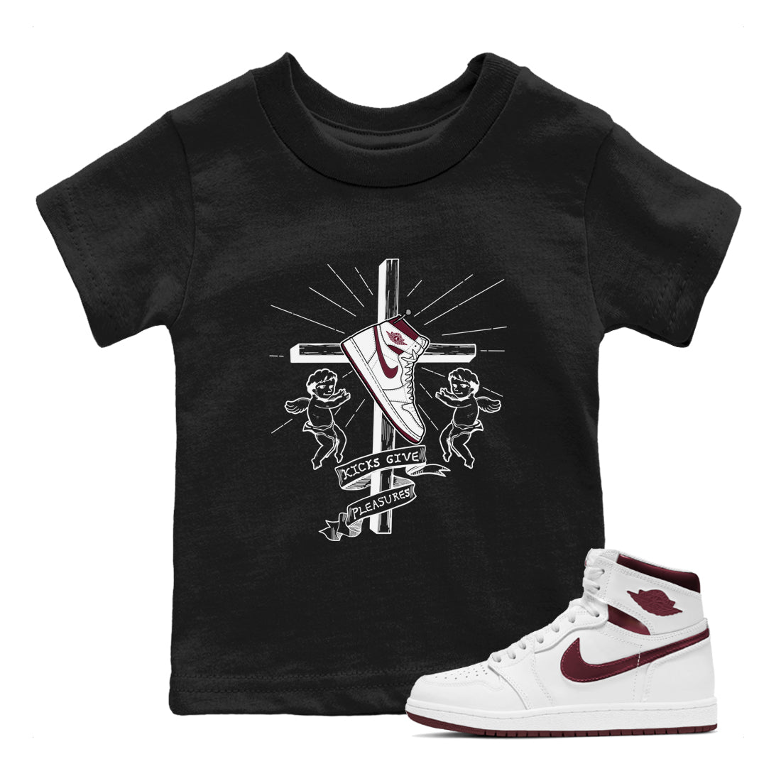 AJ1 High '85 Metallic Burgundy shirts to match jordans Kicks Give You Pleasures sneaker match tees 1s High '85 Metallic Burgundy Drip Gear Zone streetwear brand Baby and Youth Black 1 cotton tee
