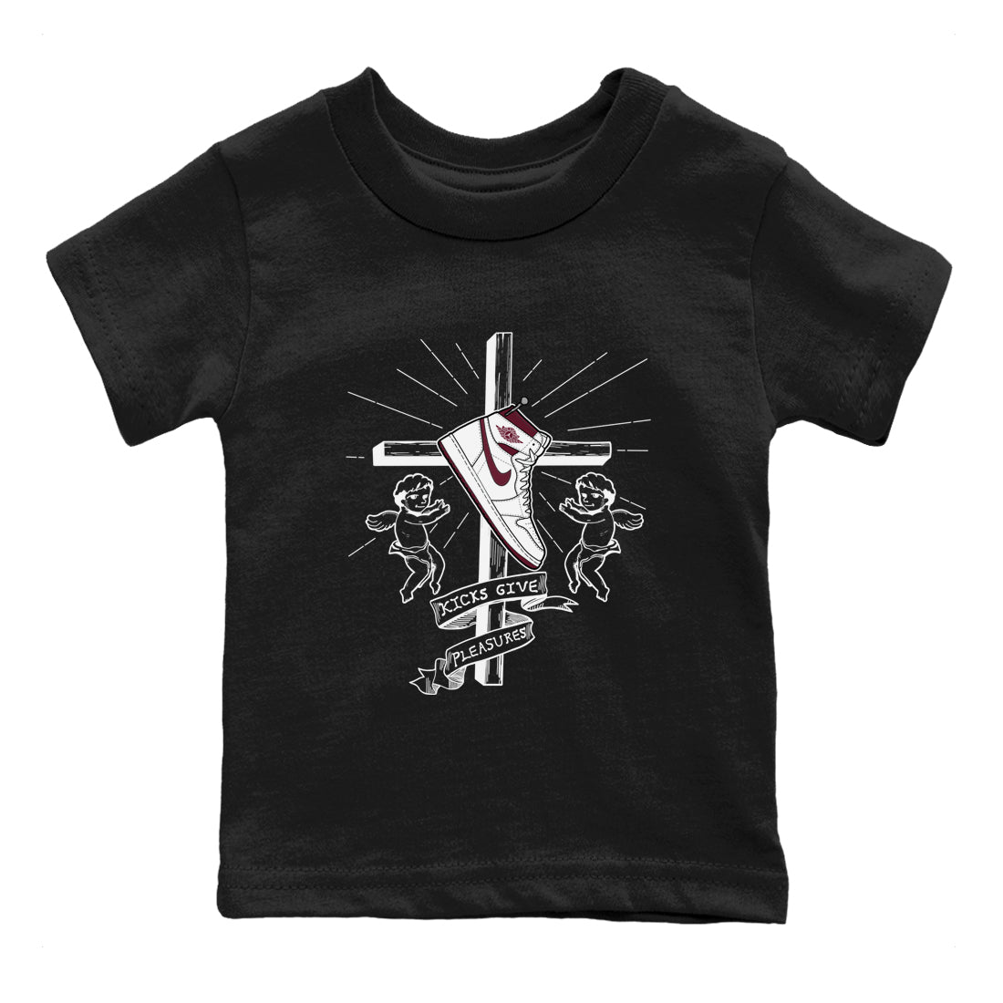 AJ1 High '85 Metallic Burgundy shirts to match jordans Kicks Give You Pleasures sneaker match tees 1s High '85 Metallic Burgundy Drip Gear Zone streetwear brand Baby and Youth Black 2 cotton tee
