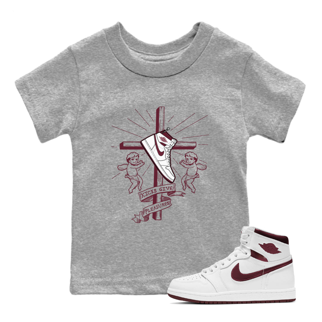 AJ1 High '85 Metallic Burgundy shirts to match jordans Kicks Give You Pleasures sneaker match tees 1s High '85 Metallic Burgundy Drip Gear Zone streetwear brand Baby and Youth Heather Grey 1 cotton tee