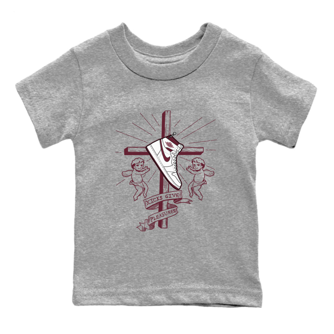 AJ1 High '85 Metallic Burgundy shirts to match jordans Kicks Give You Pleasures sneaker match tees 1s High '85 Metallic Burgundy Drip Gear Zone streetwear brand Baby and Youth Heather Grey 2 cotton tee