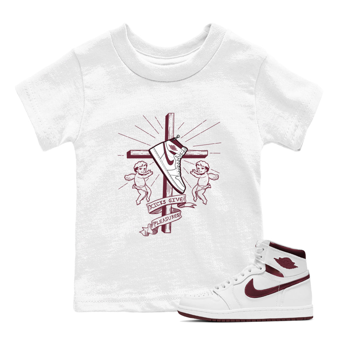 AJ1 High '85 Metallic Burgundy shirts to match jordans Kicks Give You Pleasures sneaker match tees 1s High '85 Metallic Burgundy Drip Gear Zone streetwear brand Baby and Youth White 1 cotton tee