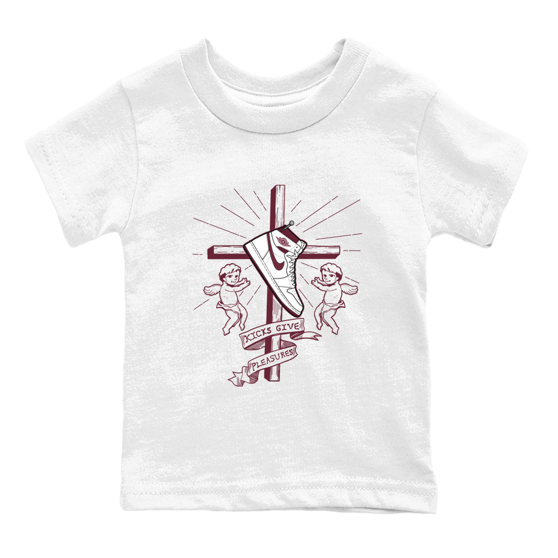 AJ1 High '85 Metallic Burgundy shirts to match jordans Kicks Give You Pleasures sneaker match tees 1s High '85 Metallic Burgundy Drip Gear Zone streetwear brand Baby and Youth White 2 cotton tee
