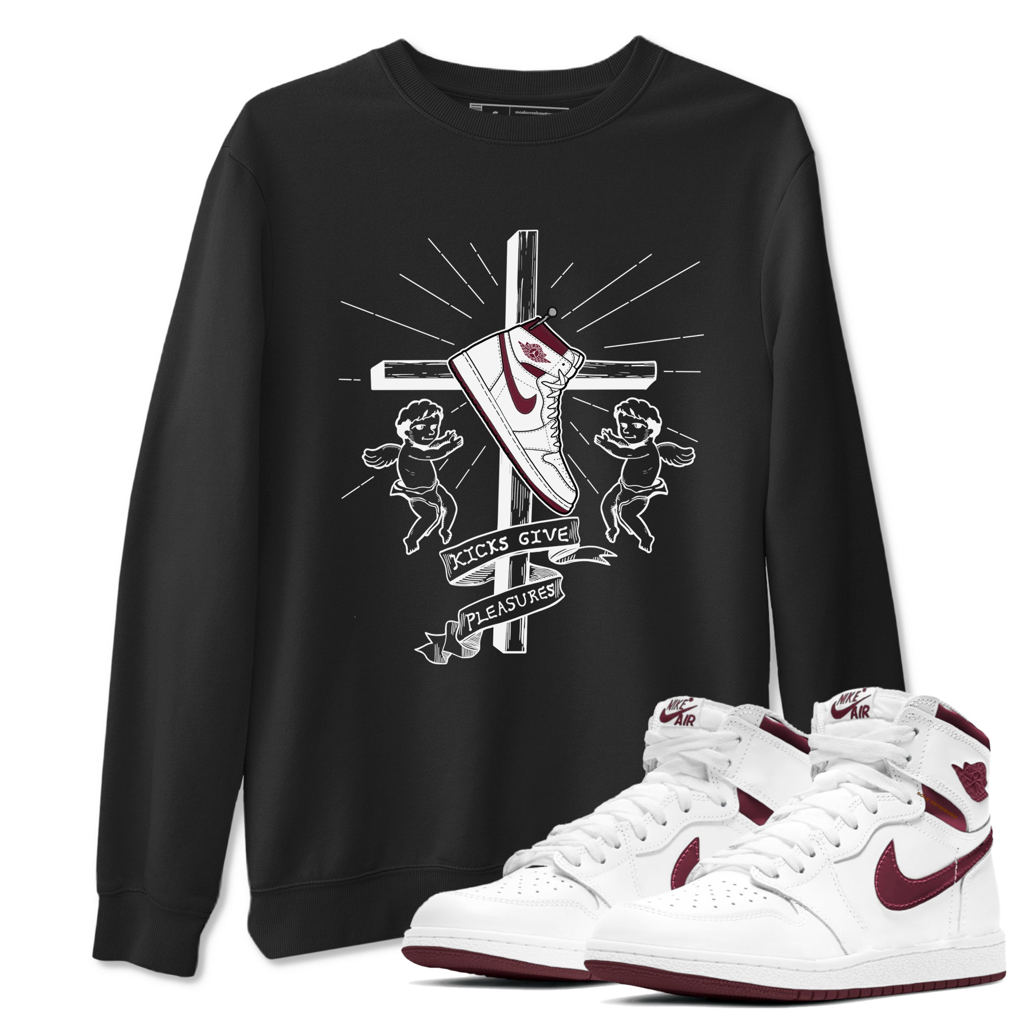 AJ1 High '85 Metallic Burgundy shirts to match jordans Kicks Give You Pleasures sneaker match tees 1s High '85 Metallic Burgundy Drip Gear Zone streetwear brand Black 1 unisex cotton tee