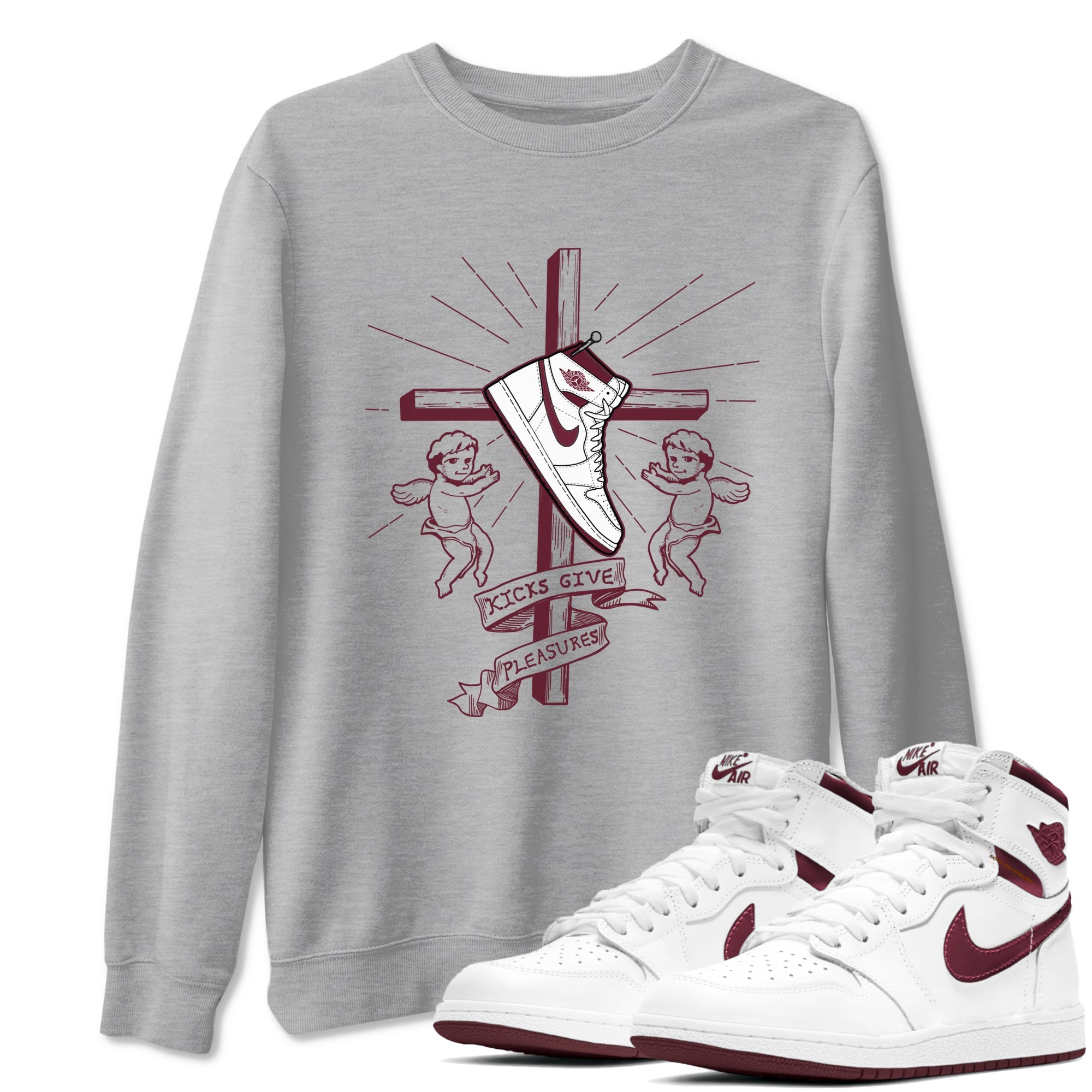 AJ1 High '85 Metallic Burgundy shirts to match jordans Kicks Give You Pleasures sneaker match tees 1s High '85 Metallic Burgundy Drip Gear Zone streetwear brand Heather Grey 1 unisex cotton tee
