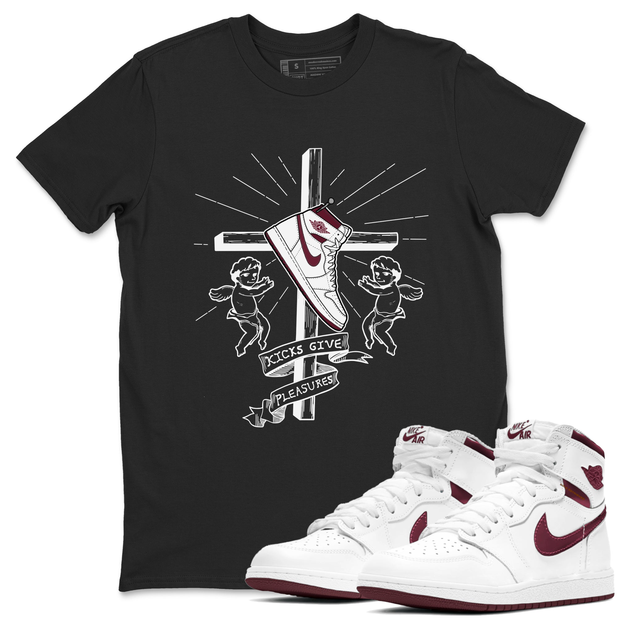 AJ1 High '85 Metallic Burgundy shirts to match jordans Kicks Give You Pleasures sneaker match tees 1s High '85 Metallic Burgundy Drip Gear Zone streetwear brand Black 1 unisex cotton tee